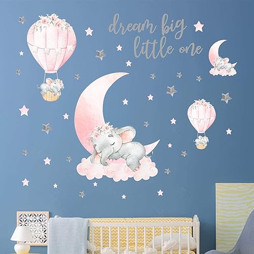 Miniatura 7 de Yovkky Juego de 2 calcomanías de pared con diseño de elefante durmiente en acuarela, soñar con Big Little One, decoración de luna y estrella, nube,