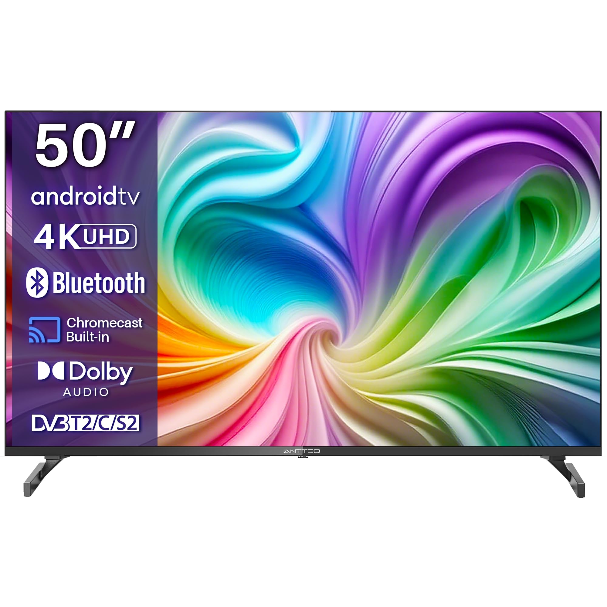 Antteq Smart TV 50 Pulgadas (127 cm) 4K UHD Android TV, Asistente de Google, Wi-Fi, Dolby Digital, Triple Sintonizador (Cable/Satélite/Antena), HDMI, USB, Netflix, Youtube, Prime Video, Disney+