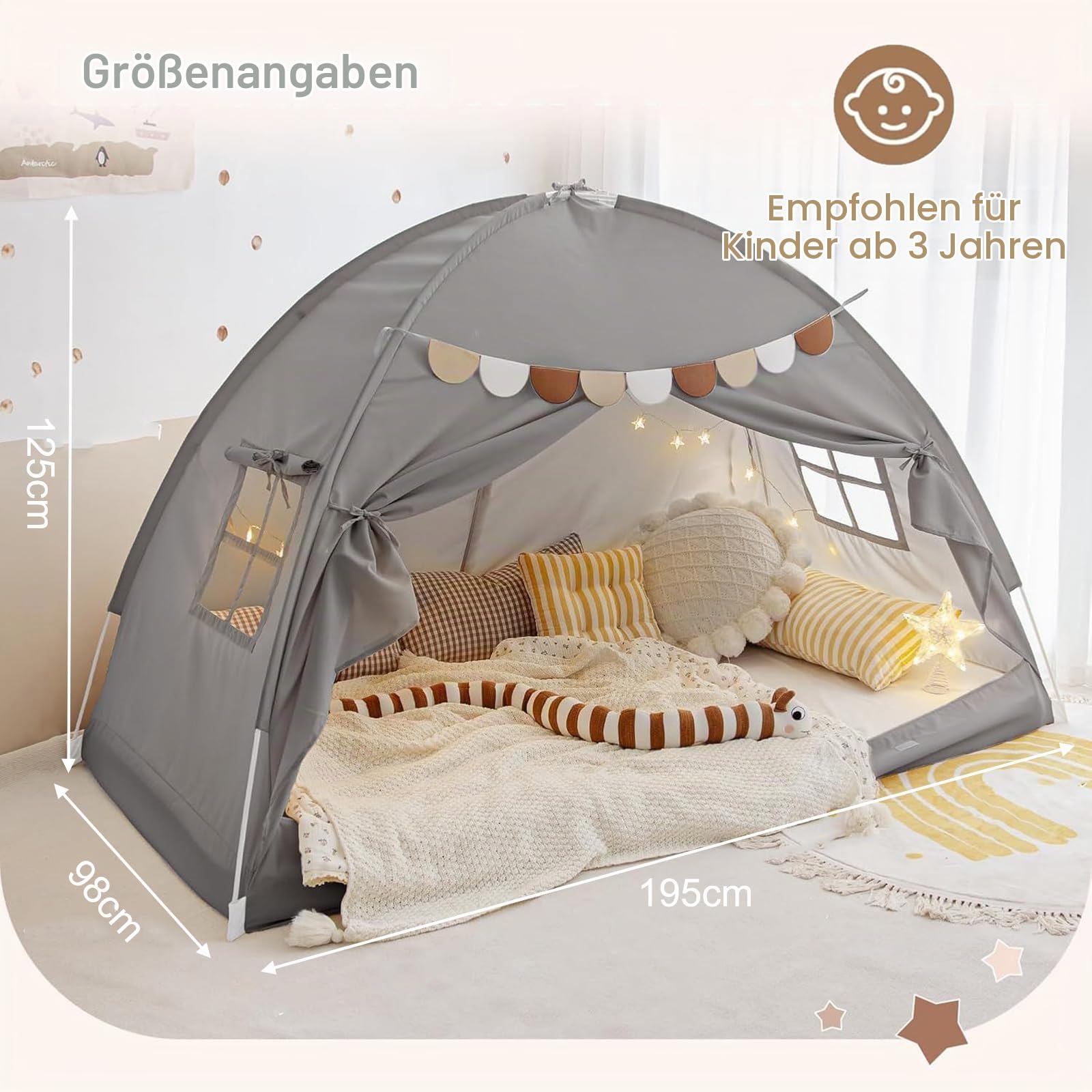 Spielzelt Kinder Indoor, Spielhaus Kinder mit Flaggen, Maschinenwaschbar Tippi Kinderzelt ab 3 Jahren FüR Kinderzimmer, Spielzimmer, Party, Schneller Aufbau (Grau (195 x 98 x 125 cm))