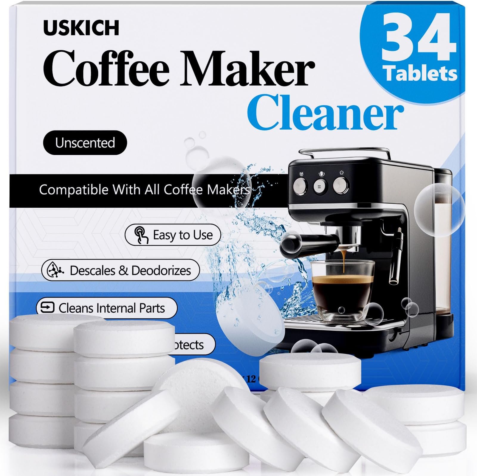 Coffee Machine Cleaner Descaler Tablets 34 Pack, Coffee Maker Cleaner for Keurig, Ninja, Breville, Delonghi, Nespresso, Miele,Espresso Machine Cleaning Tabs,Descaling Solution for Coffee Pot Maker