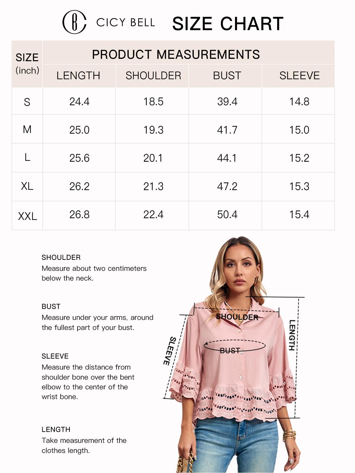 Cicy Bell Camicetta da donna con maniche a 3/4 a campana, bottoni, casual, orlo arricciato, top con occhielli