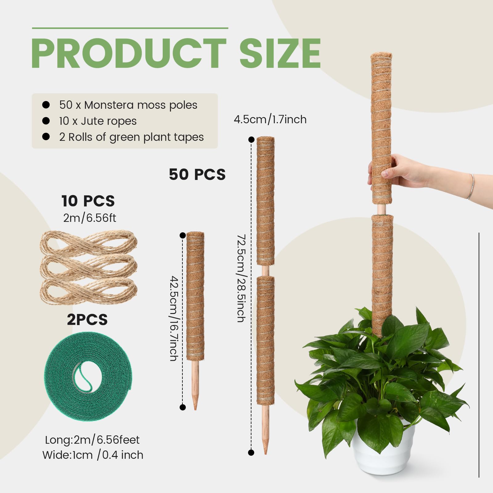 Yinder Monstera-Pflanzenstütze mit 10 x 2 m Juteseil und 2 x 2 m Gartenband, Pflanzstäbe für Zimmerpflanzen, Kletterpflanzen, Totemstange, 41,5 cm, 50 Stück