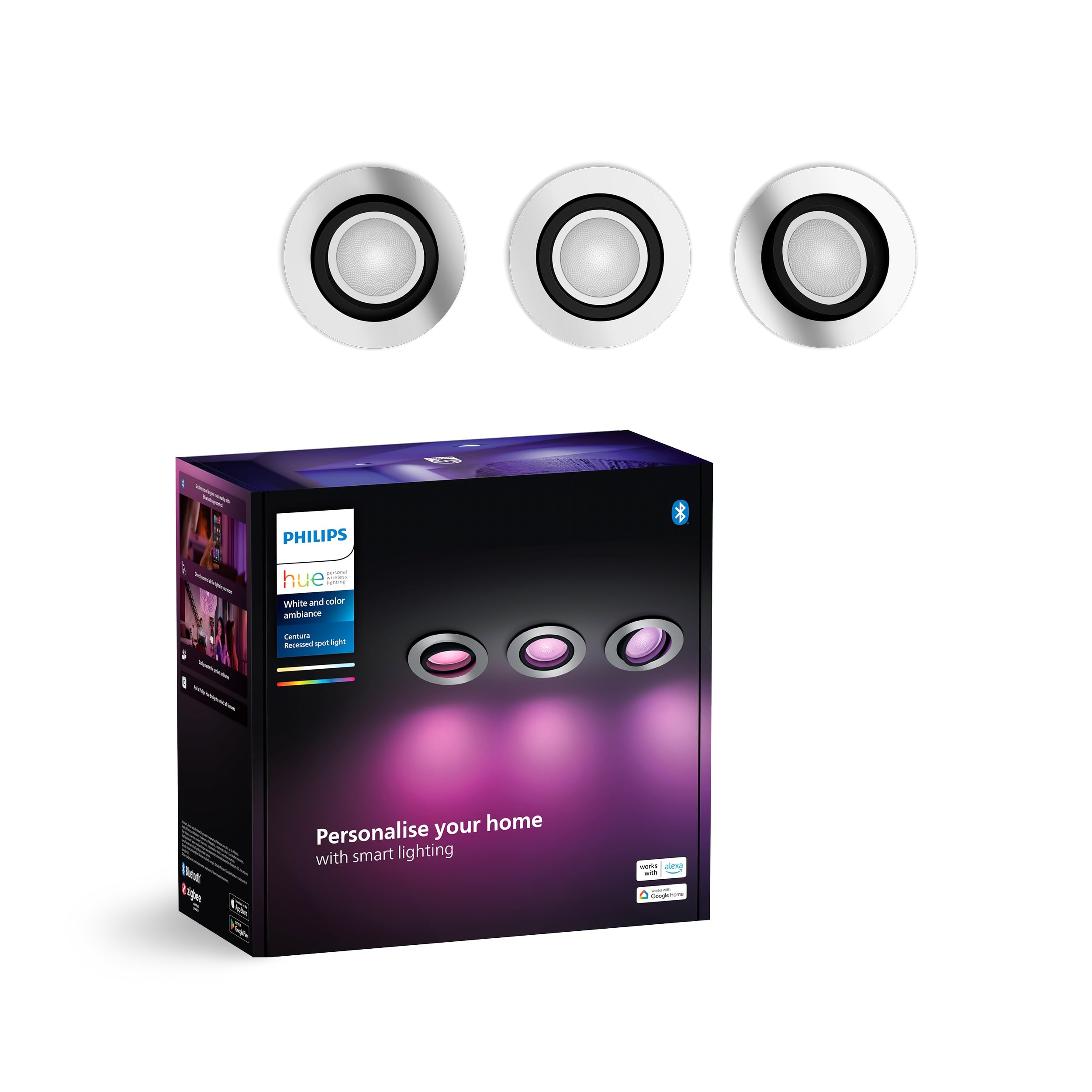 Philips Hue White & Color Ambiance Centura Pack of 3 Round recessed spotlights, dimmable Ceiling Lights for The Hue System with 16 Million Colours, Intelligent Light Control via Voice and app.