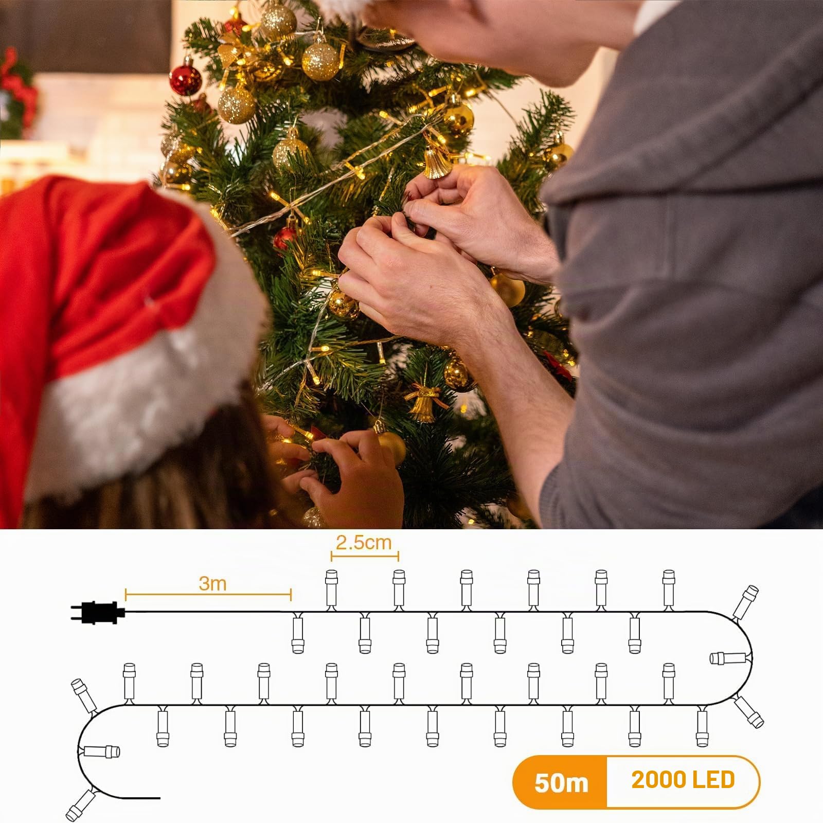 GlobaLink Guirlande Lumineuse pour Sapin 2000LED,50M | Guirlandes Lumineuses d'intérieur -IP44 Imperméable-8 Modes d'éclairage décoration pour Sapin de Noël Rideau Lumineuse Jardin