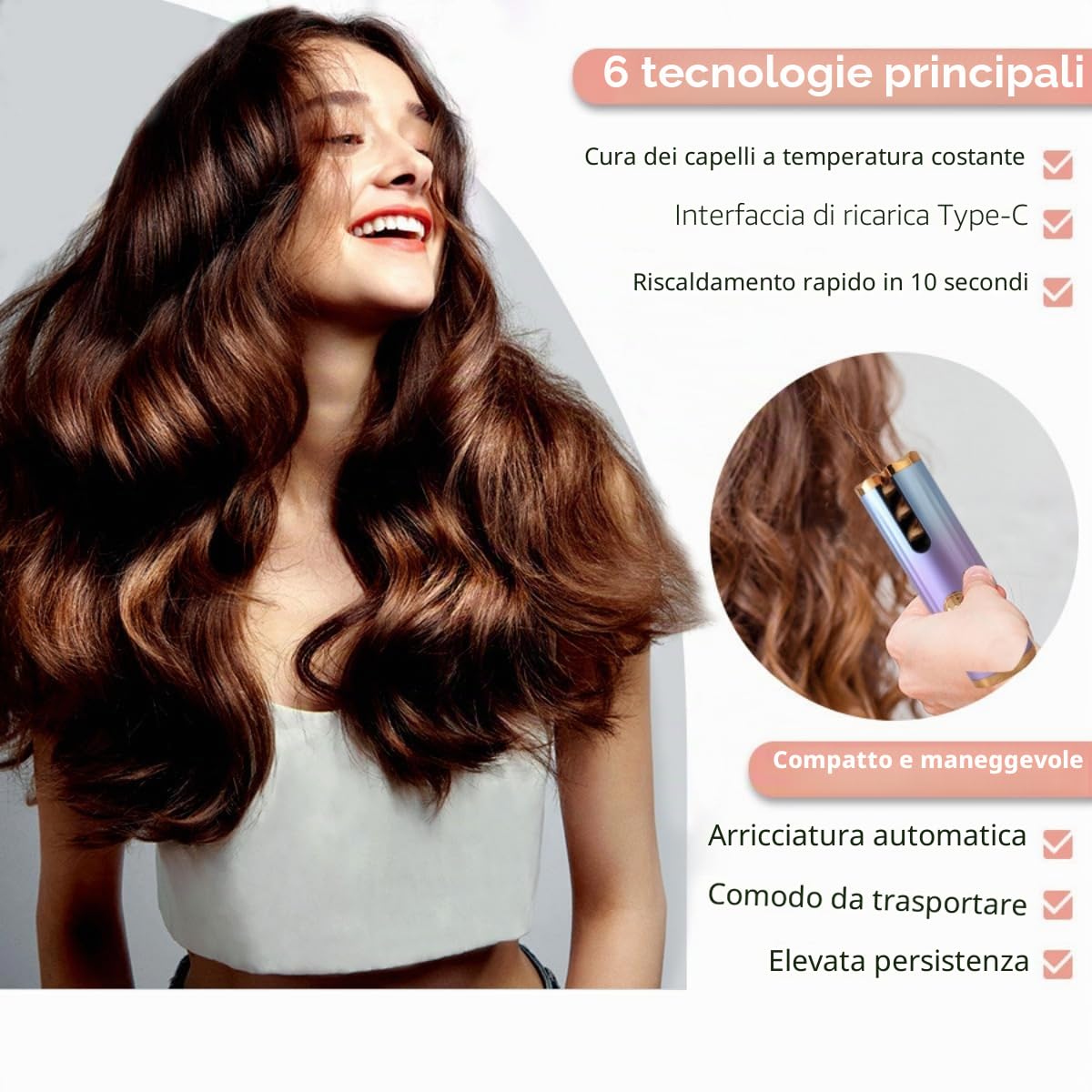 EMEBAY Ferro arricciacapelli Automatico, Ricciolo per Capelli Senza Fili | Aggiornamento a Livello, Bigodino Anti-Ustioni Ricaricabile con Timer e 6 Temperatura, Ferro arricciacapelli Auto Rotante