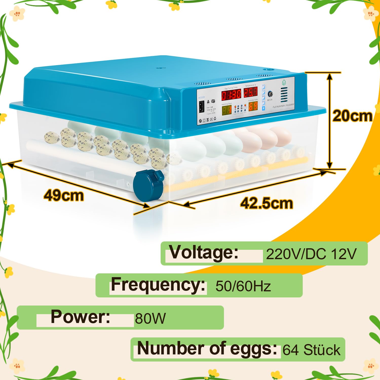 Randaco Incubadora totalmente automática, incubadora para pollos, incubadora con pantalla LED, control de temperatura, sistema de rotación automático, iluminación LED (64 huevos)
