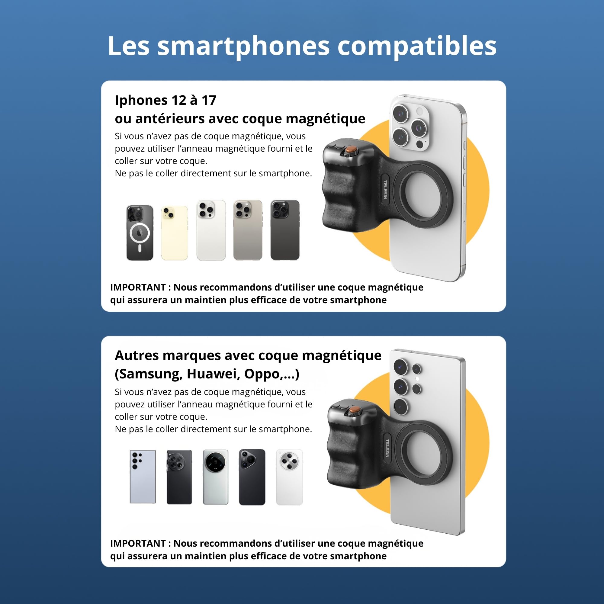 Webstar Tech® Poignée magnétique Bluetooth Smartphone | Support Vlog & Selfies | Grip stabilisateur avec télécommande détachable | Photos et vidéos avec Une Seule Main | Iphone & Android