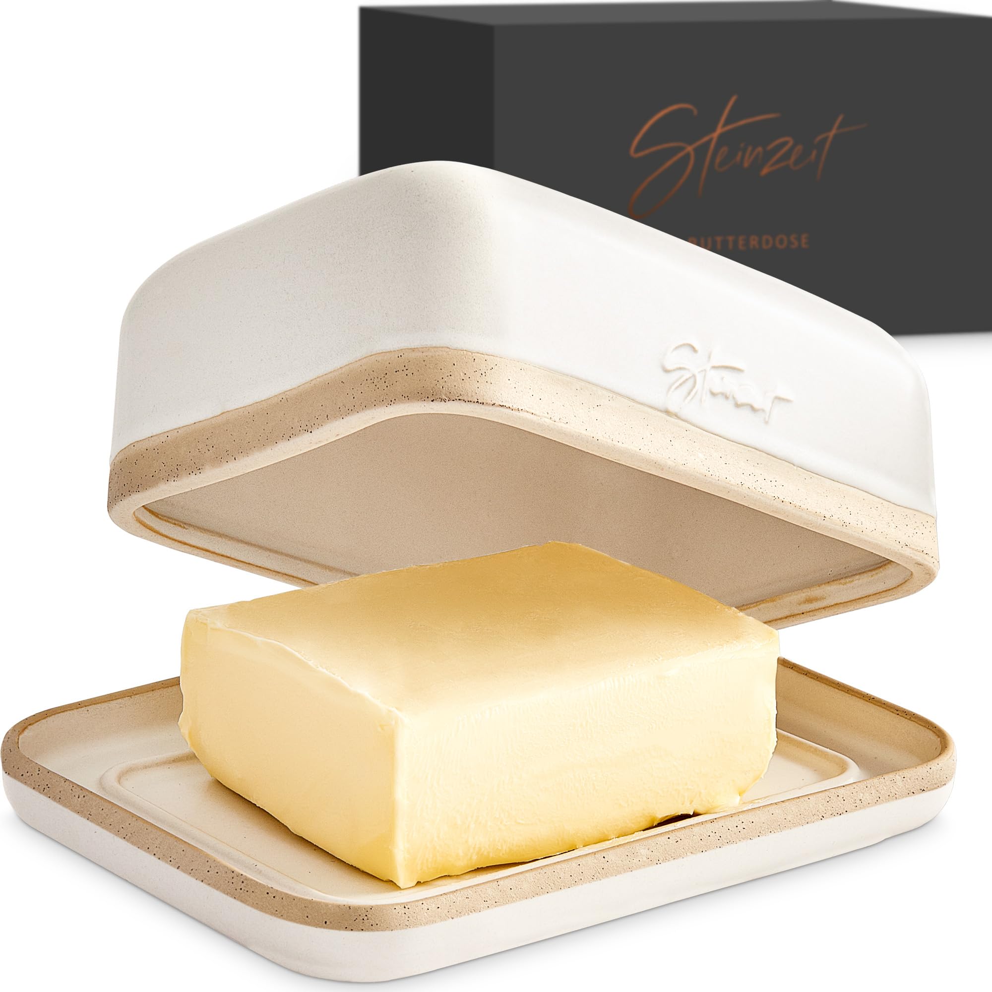 Steinzeit Burriera Design - Porta burro da frigorifero - burriera in ceramica per tutti i tipi di burro comuni (250 g) - Piatto per burro adatto alla lavastoviglie - portaburro da frigo