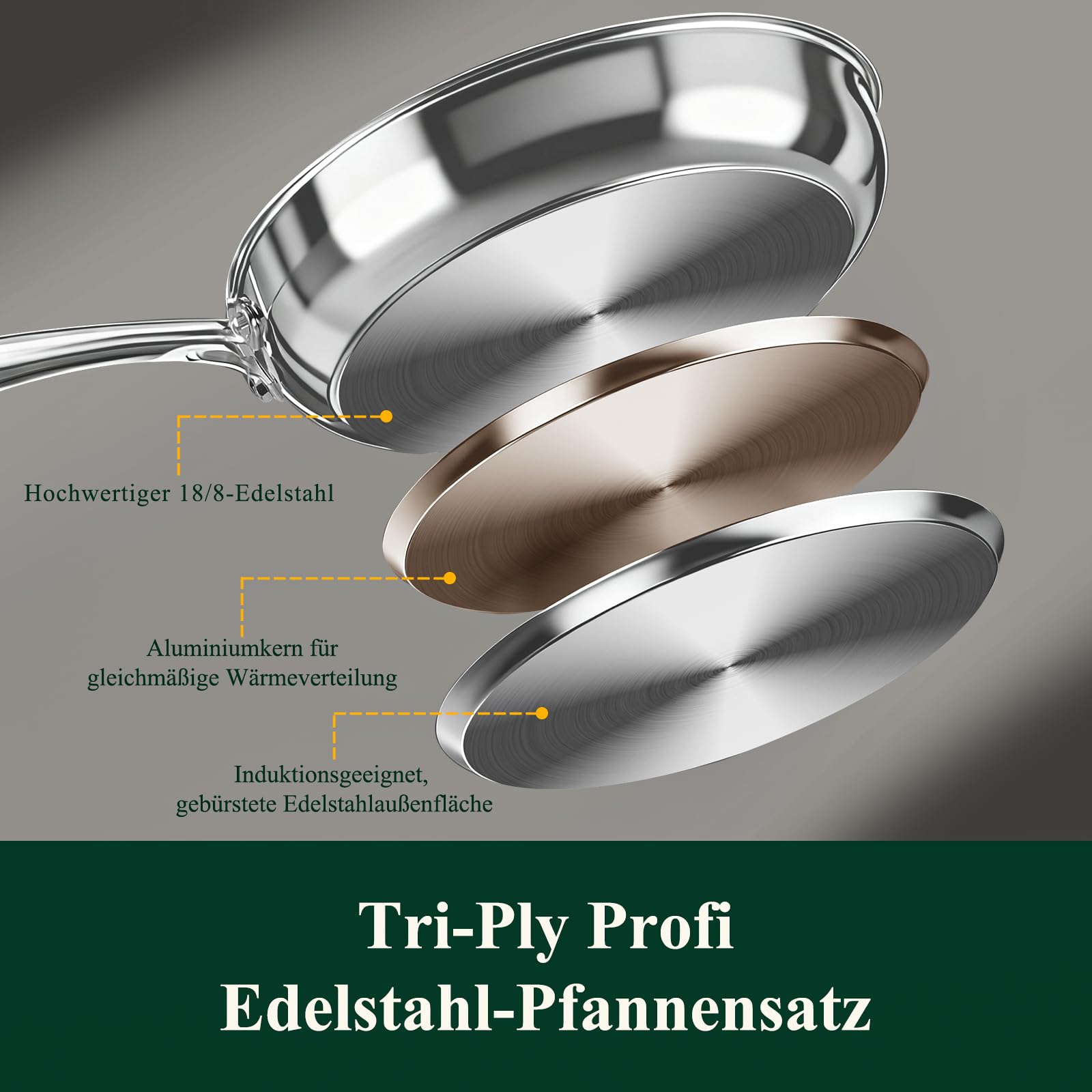 Terlulu Set di 3 padelle in acciaio inox 20/26/30 cm – Padella in acciaio inox non rivestita e padella a induzione, senza PTFE/PFAS/PFOA, per tutti i piani cottura, riscaldamento rapido, lavabile in