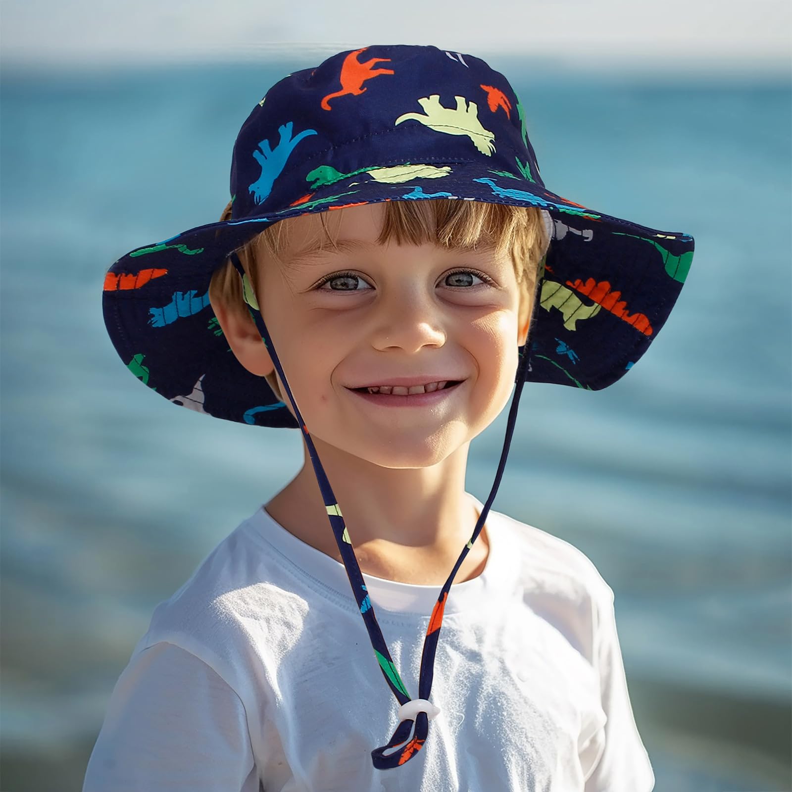 Caviotess Toddler Kids Sun Hat Summer UPF 50+ Outdoor Bucket Hat Cute Dinosaur Wide Brim Beach Hats for Boys Girls
