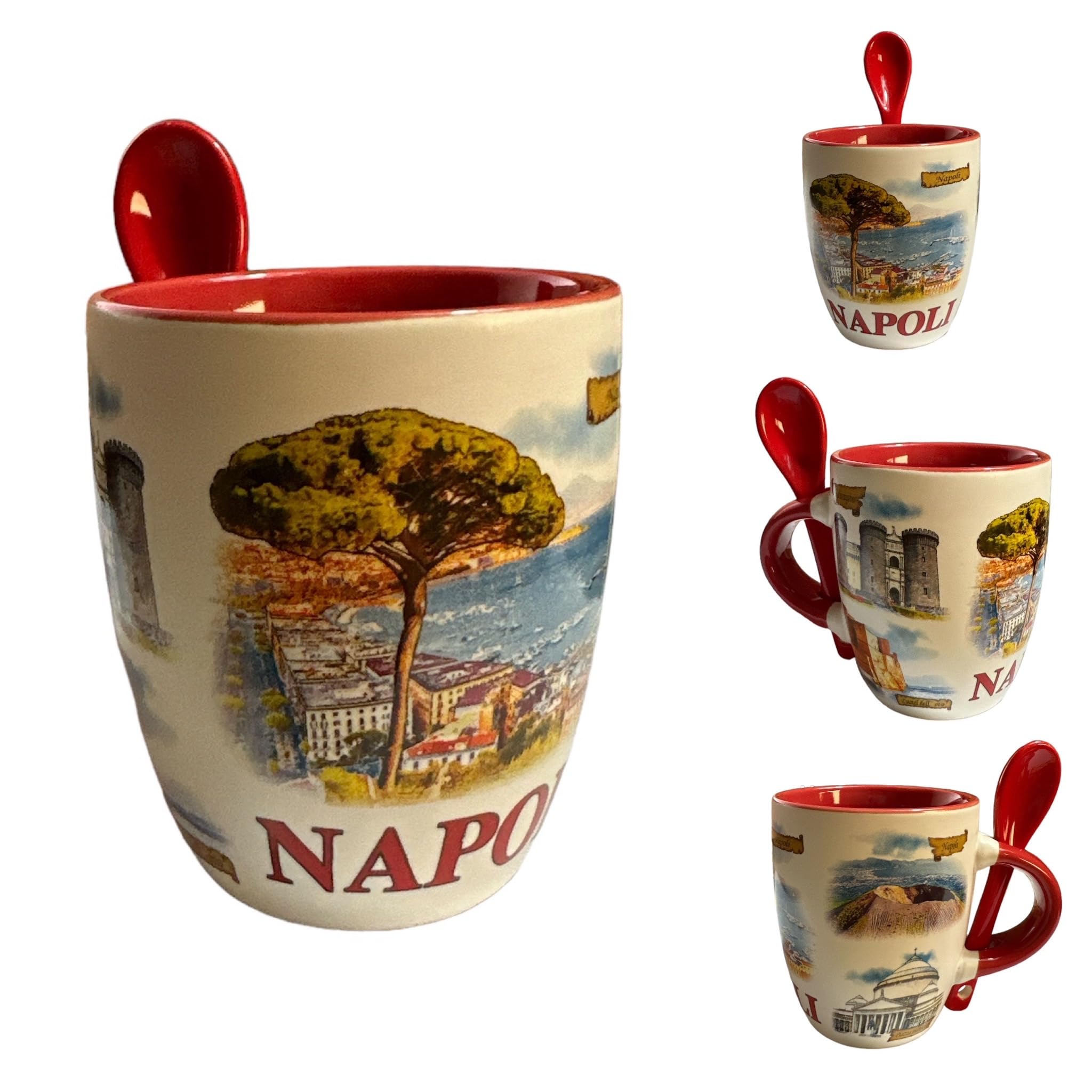 GMM Tazzina Napoli da Caffè in Ceramica con Cucchiaino, Decorativa Souvenir Stampa Napoli Capacità 70ml (7cm)