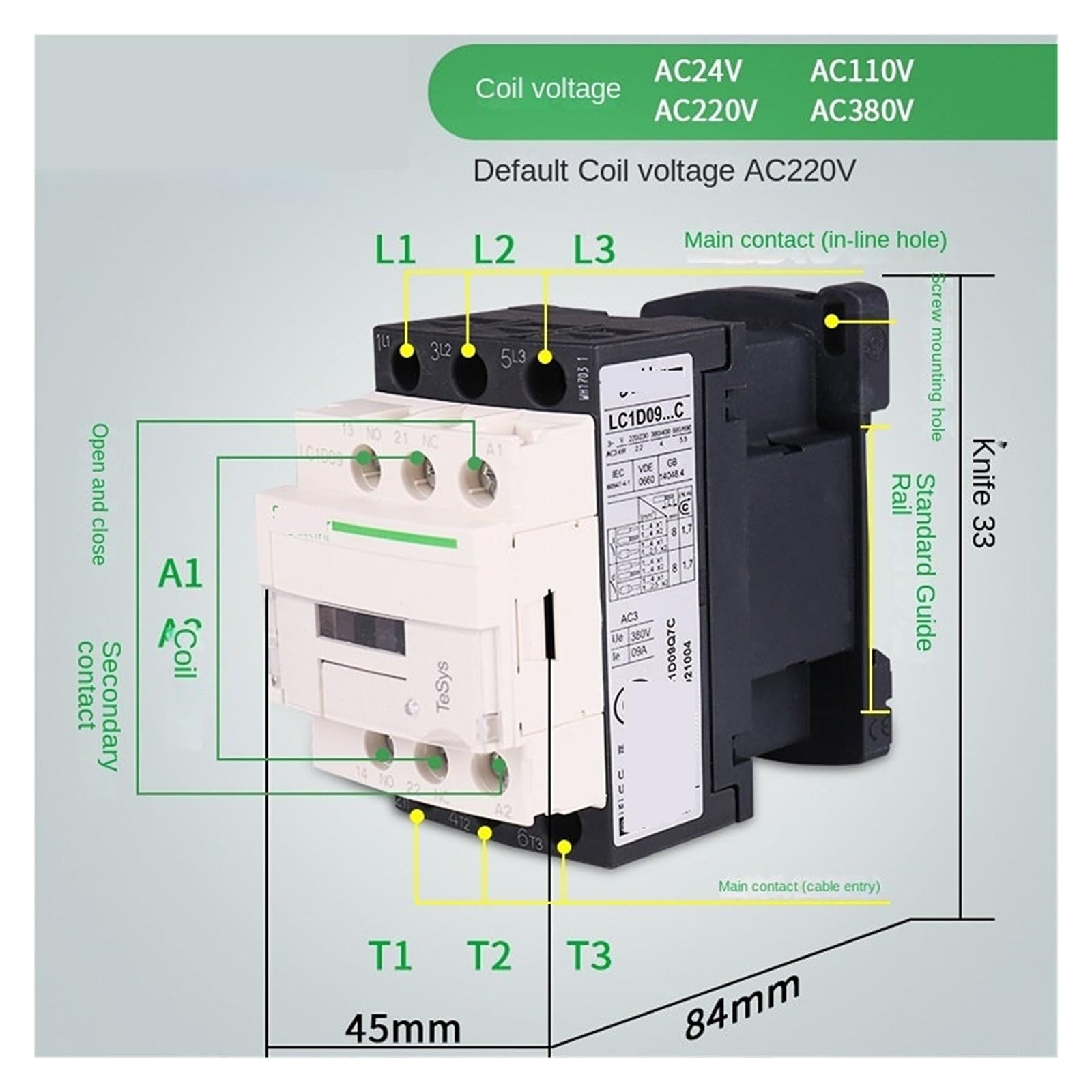 Stycznik 220 V AC, trójfazowy, 3-biegunowy, 50/60 Hz, 3P, montowany na szynie, sterownik przełącznika, 1 NA, NC, napięcie cewki: 24, 110(110v, LC1D09)