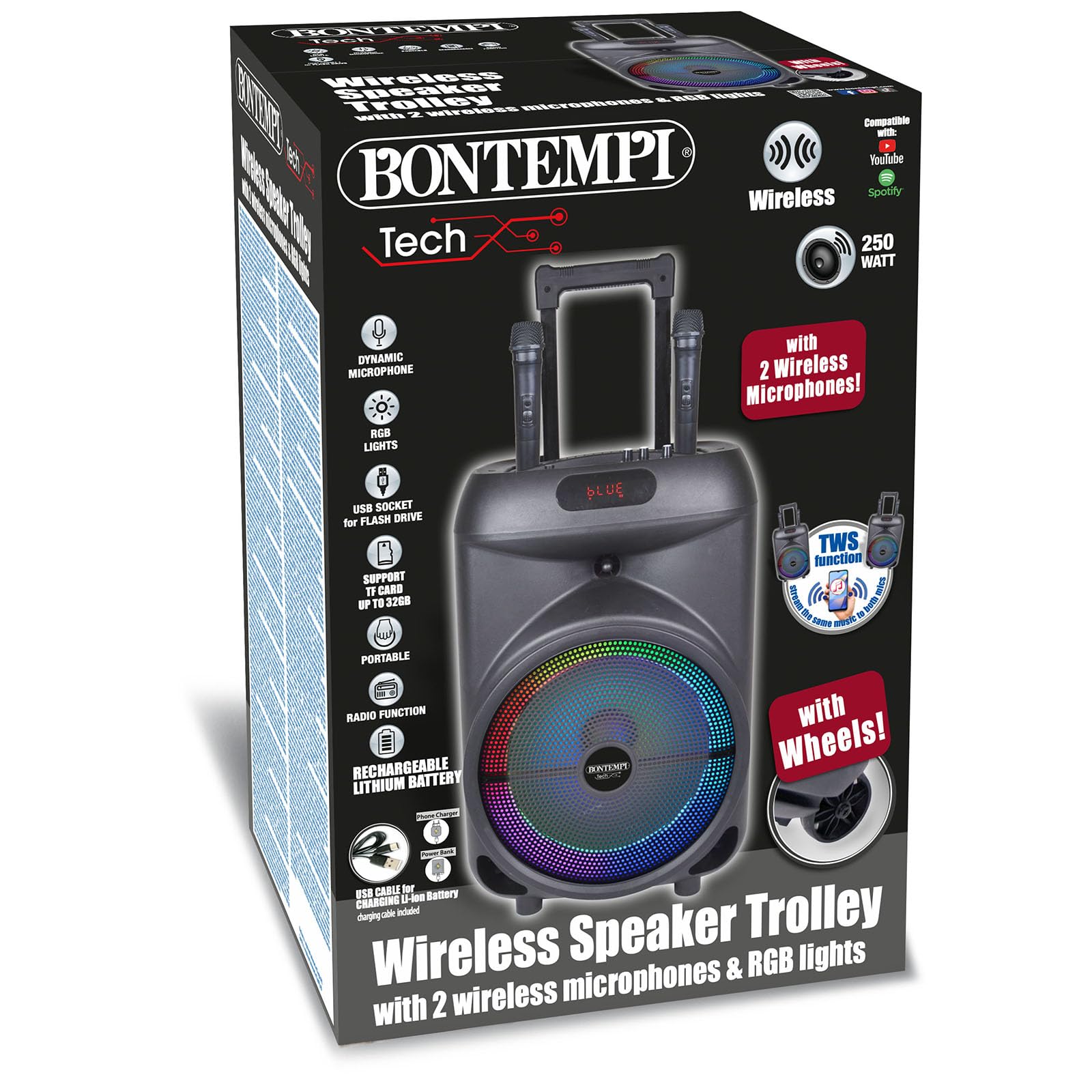 Bontempi | TrolleySync - Amplificatore Trolley Karaoke con 2 Microfoni Wireless per un'Esperienza Indimenticabile, 53,7x34,1x29,1 cm
