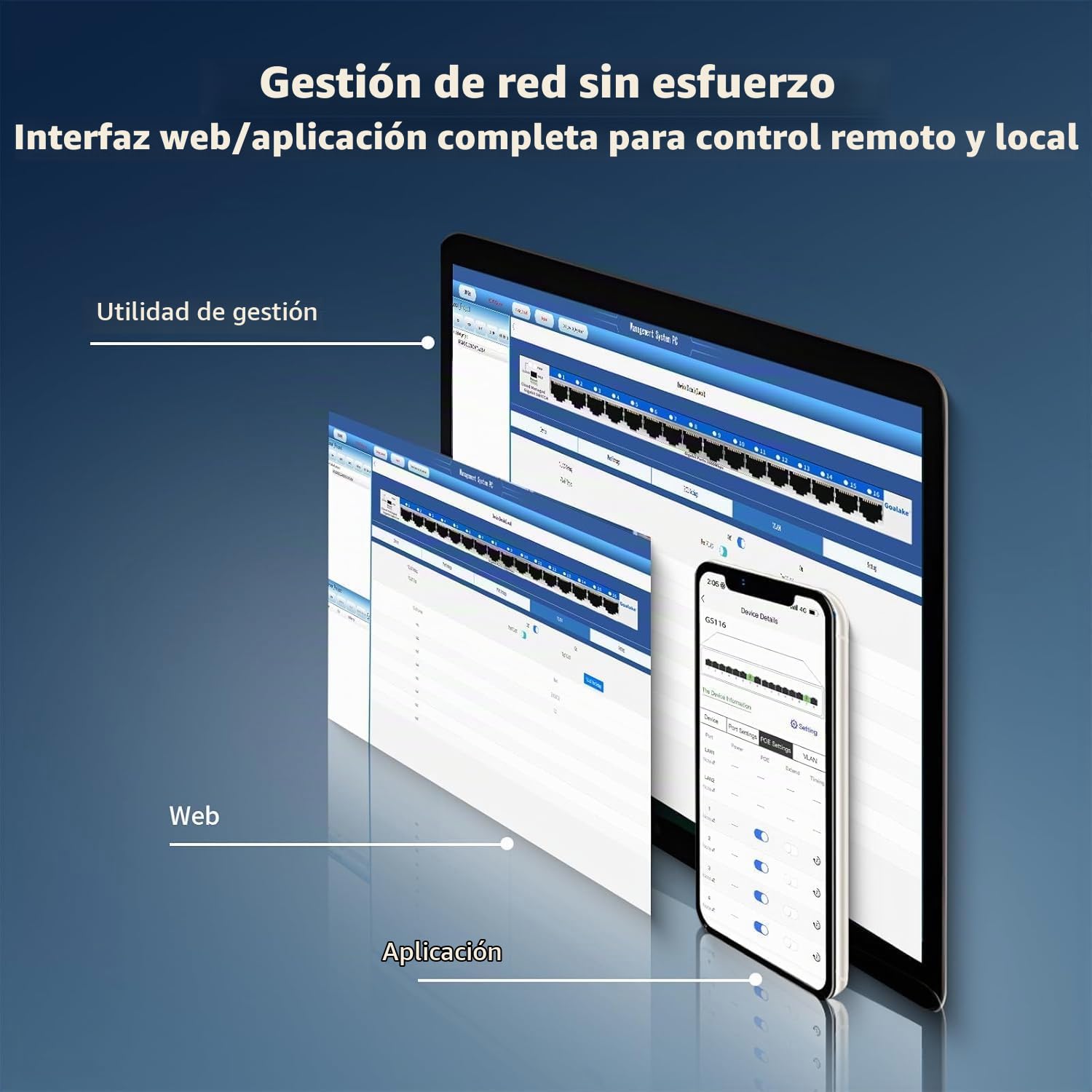 Goalake Interruptor de Red gestionado Gigabit Ethernet de 16 Puertos, conmutador Ethernet, gestión en la Nube, Plug and Play, Funcionamiento silencioso, Montaje en Escritorio o Pared