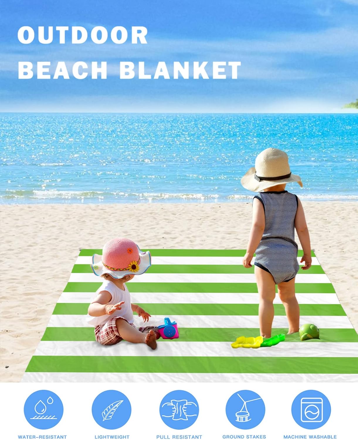 Green White Geometric Striped Beach Blanket Waterproof Sandproof Outdoor Picnic Mat 83"x79" Spring Season Lightweight Large Beaach Blankets with 4 Stake & 4 Corner Pockets