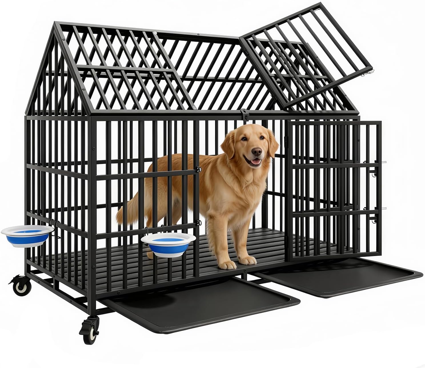 54" Indestructible Heavy Duty Dog Crate with 2 Bowls, Large Strong Steel Escape Proof Chewproof Indoor Double Door Cage Kennel for High Anxiety Large Dogs with 4 Wheels and 2 Trays, XXL