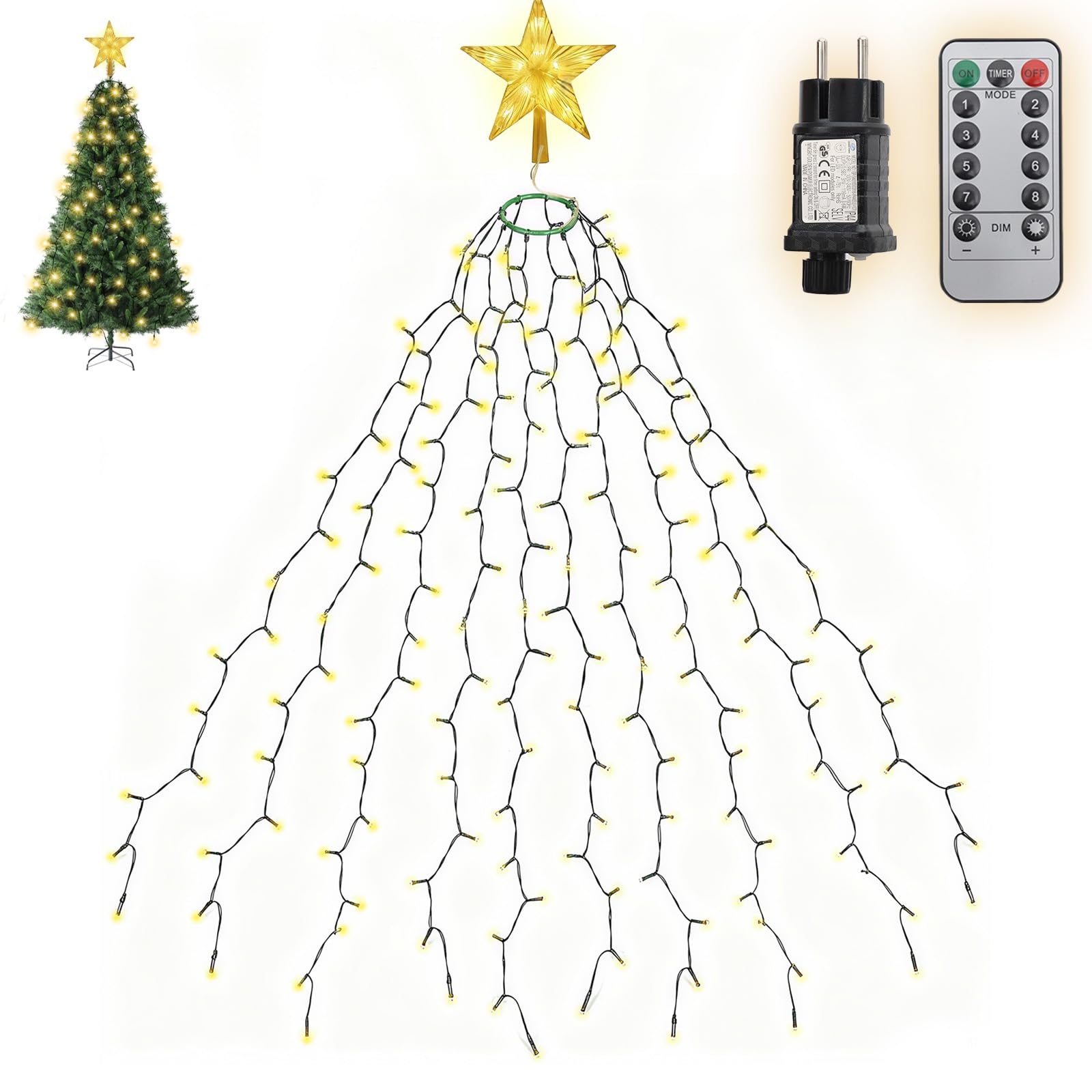 Salcar - Guirnalda luminosa para árbol de Navidad, 1,5 m, con anillos, 10 guirnaldas y estrella con mando a distancia, 260 luces LED para árbol de Navidad, interior exterior, blanco cálido