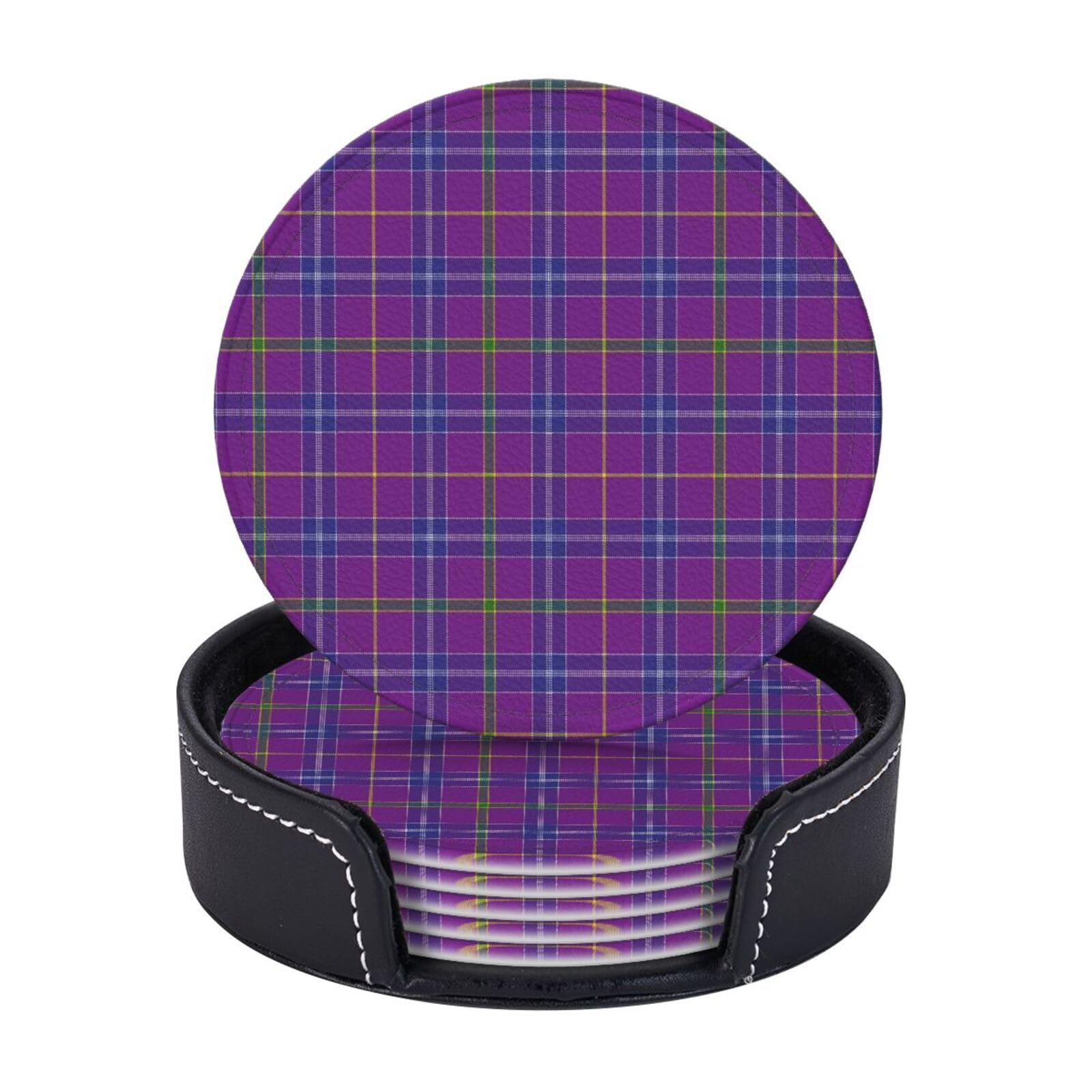 Smazdfxx As Pic 6 Pcs Pu Leather Coasters With Holder, Jackson Tartan Drink Coaster Set Absorbent Heat Bar Table Decor
