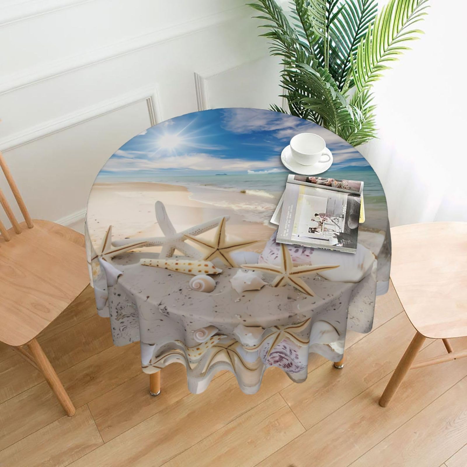 YYHHAOFA Beach Starfish Prints 60in Round Decorative Tablecloth – High-Grade Polyester Throw Cover for Dining, Parties, and Outdoor Events