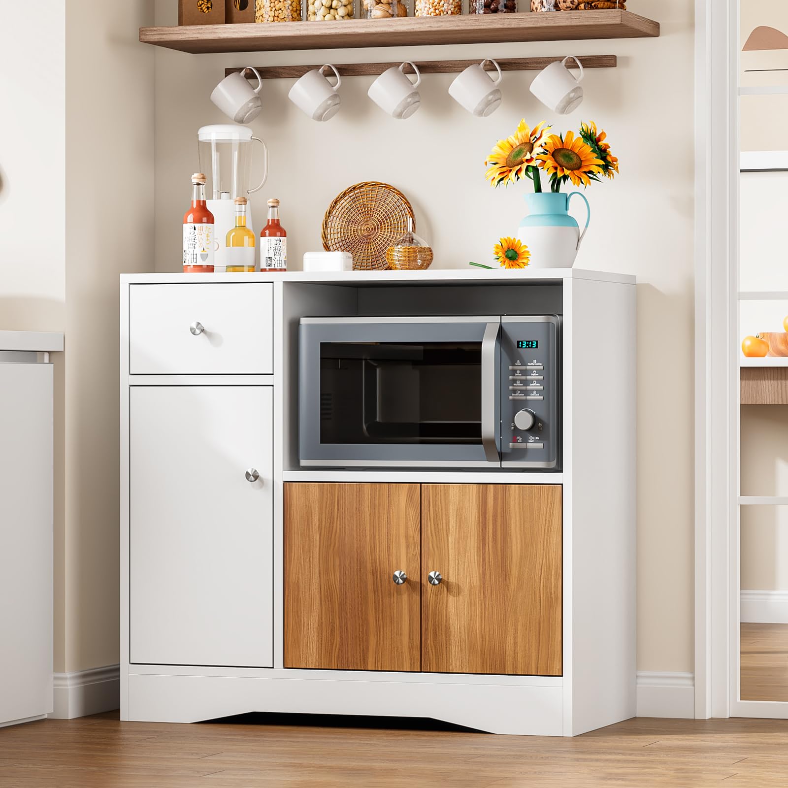 Aparador de Cocina con 3 Puertas, Cajón y Estante para Microondas | Mueble de Almacenaje, Blanco y Madera Natural, 83 × 40 × 80 cm