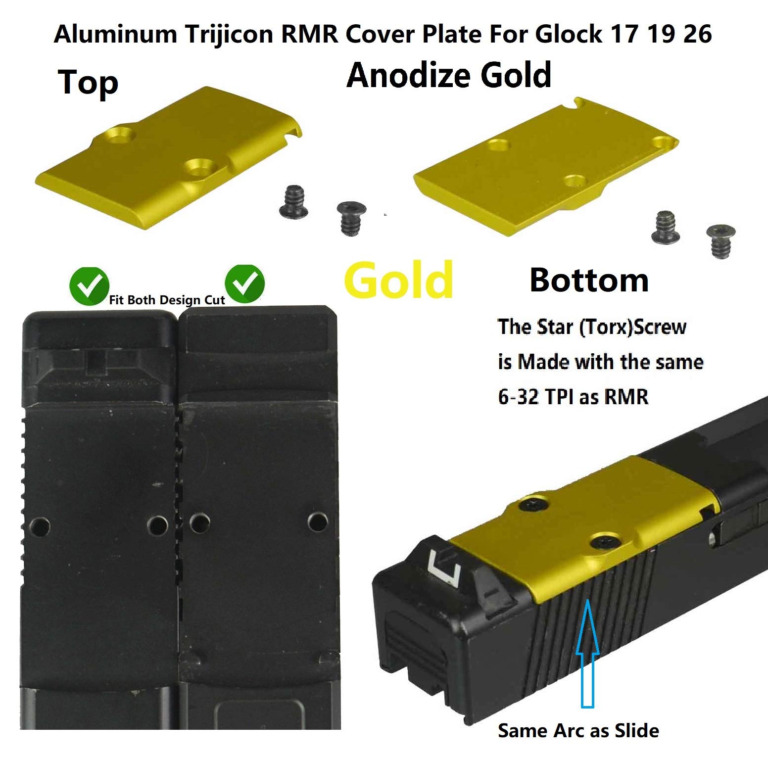 TWP Aluminum Anodized Gold RMR Cover Plate, for Glock 17 19 26 Cut Slides, with Round Arc Sides