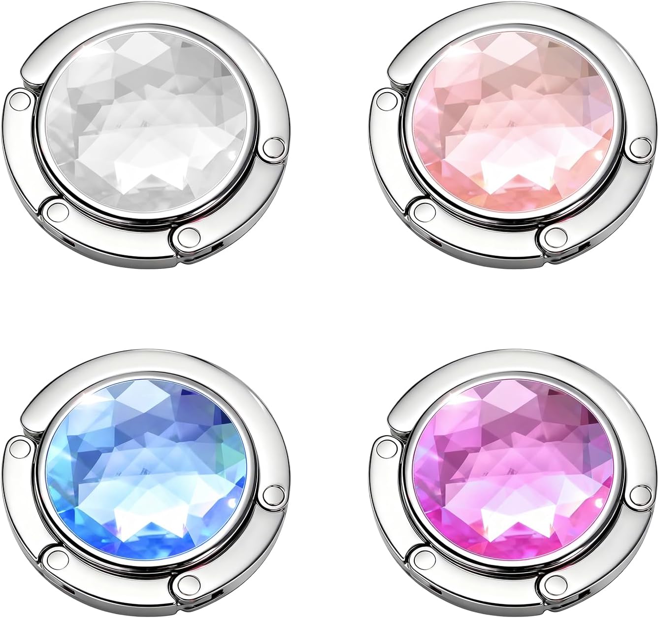 Making Your Bag Within Reach: 4-Pack Foldable Purse Hook for Table | Large Crystal bag hook for table, purse hook for table. Thank you Gifts for women. 4 Mixed colors (Pink&White&Lavender&Blue)