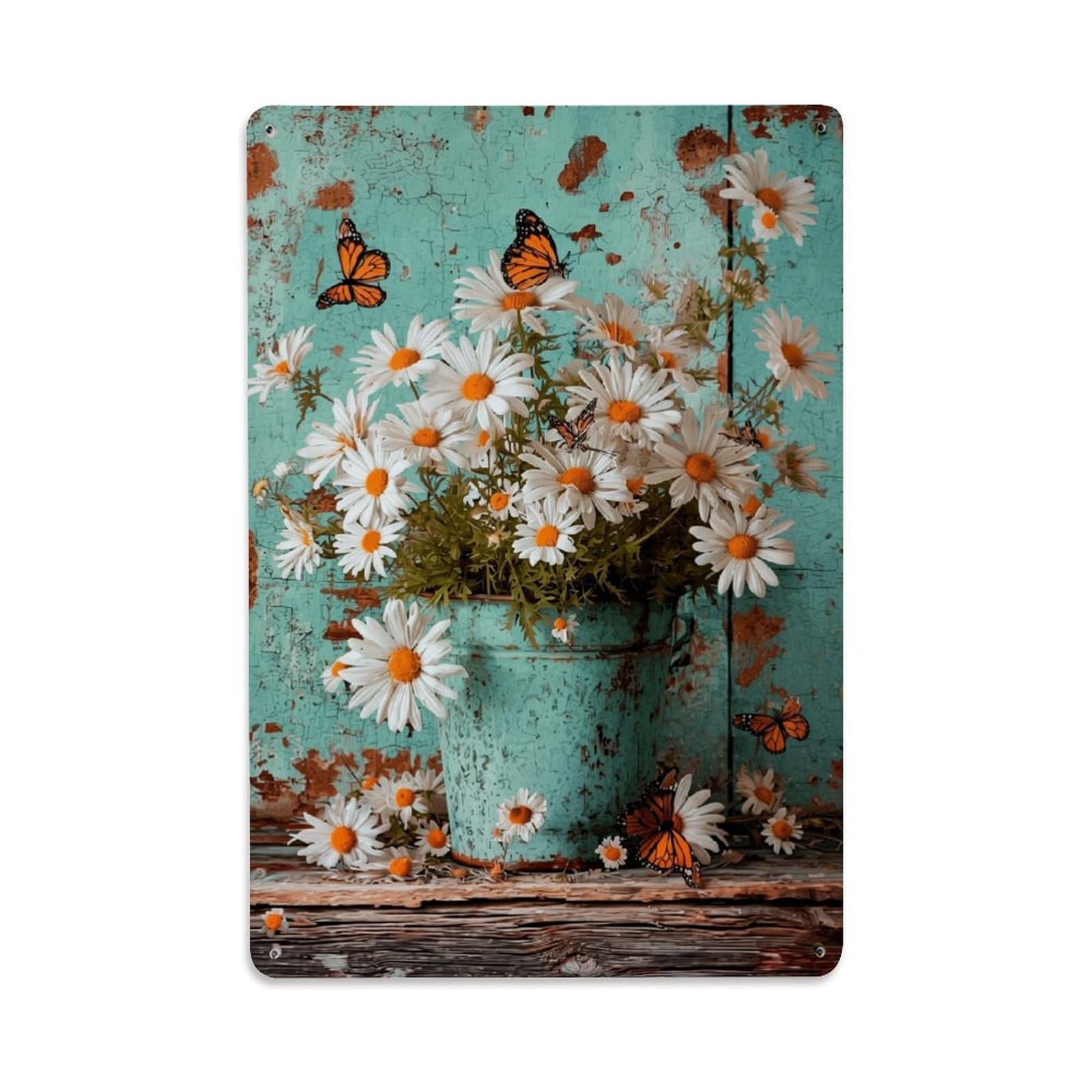 Nestemfo Vintage White Daisies Orange Butterflies Turquoise Bucket Tin Sign Metal Sign, Living Room,Bar, Home, Bedroom Wall Decor,Retro Metal Poster 8X12 Inches