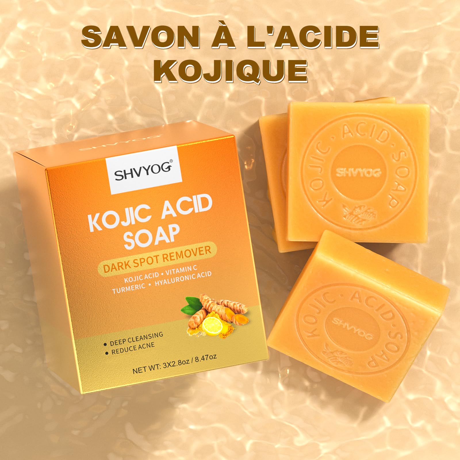 Savon à L'acide Kojique, Savon au Curcuma, VC Savonnette pour Eliminer Points Noirs, Acné et Taches Foncées, Doux pour l'Hydratation du Visage et Corps, Rétrécissement des Pores, 3x80g