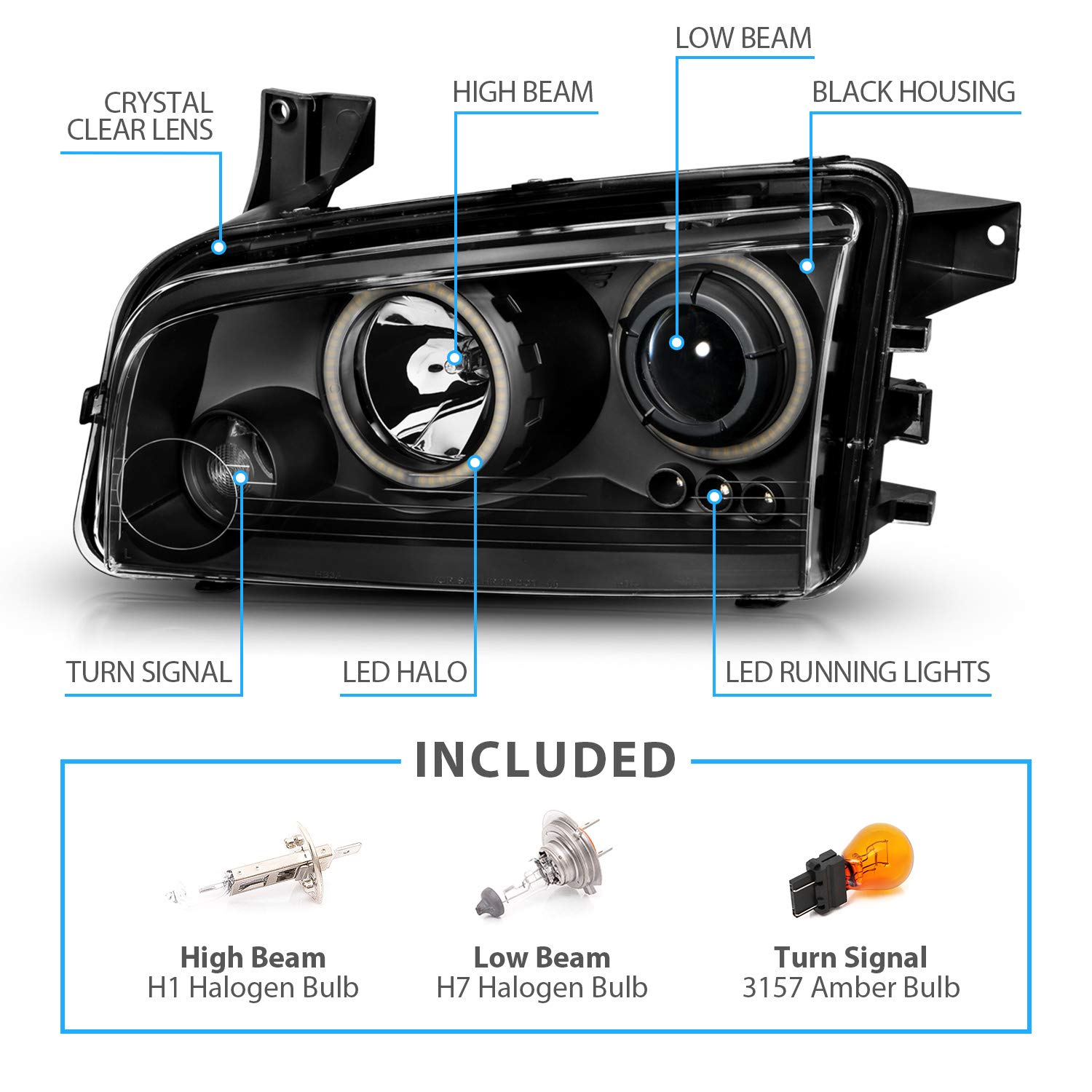 Pair Of Black Amber Headlights For 2006-2010 Dodge Charger - LH & RH, Halogen, DOT/SAE Certified
