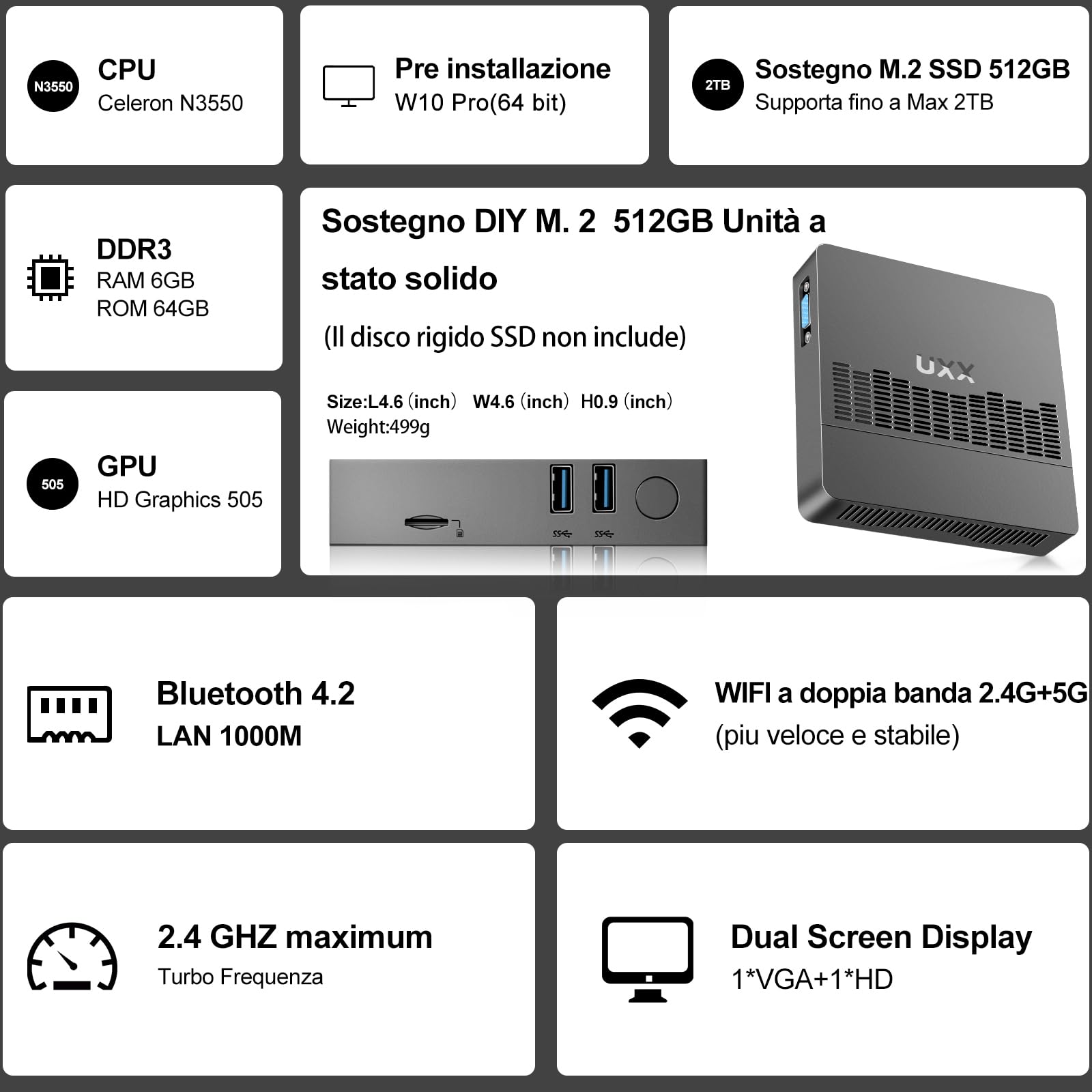 Dghrti Mini PC Supporto 512GB SSD Expansion, N3350 Desktop Computer 64GB, Small PC Gaming 4K IPS,Supporto Dual Display, BT, 2.4G/5G WiFi, USB 3.0 -Grigio
