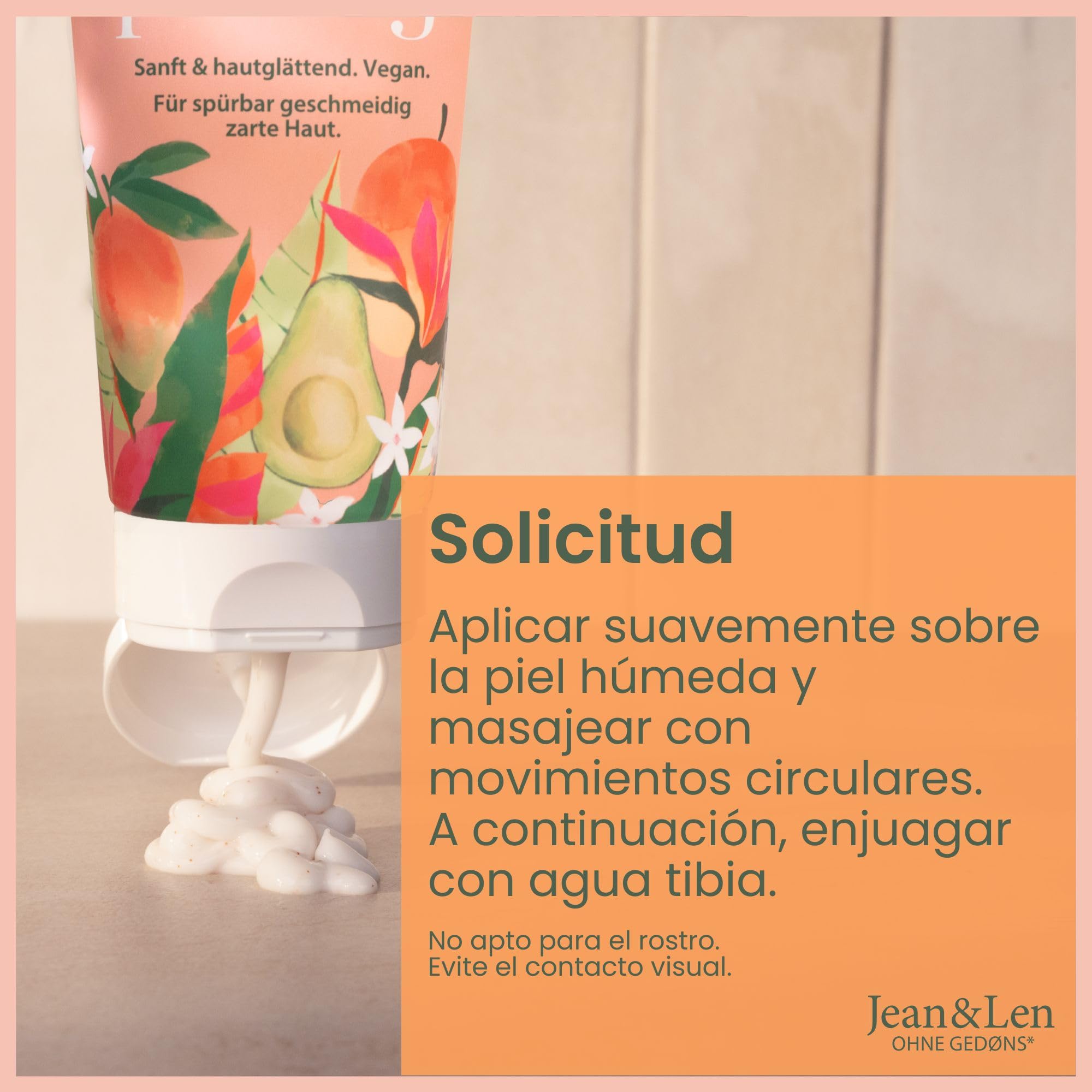 Jean & Len exfoliante de ducha mango y aguacate, con agentes exfoliantes naturales, limpieza suave, previene vellos encarnados, sin microplásticos ni siliconas, exfoliante corporal vegano, 200 ml