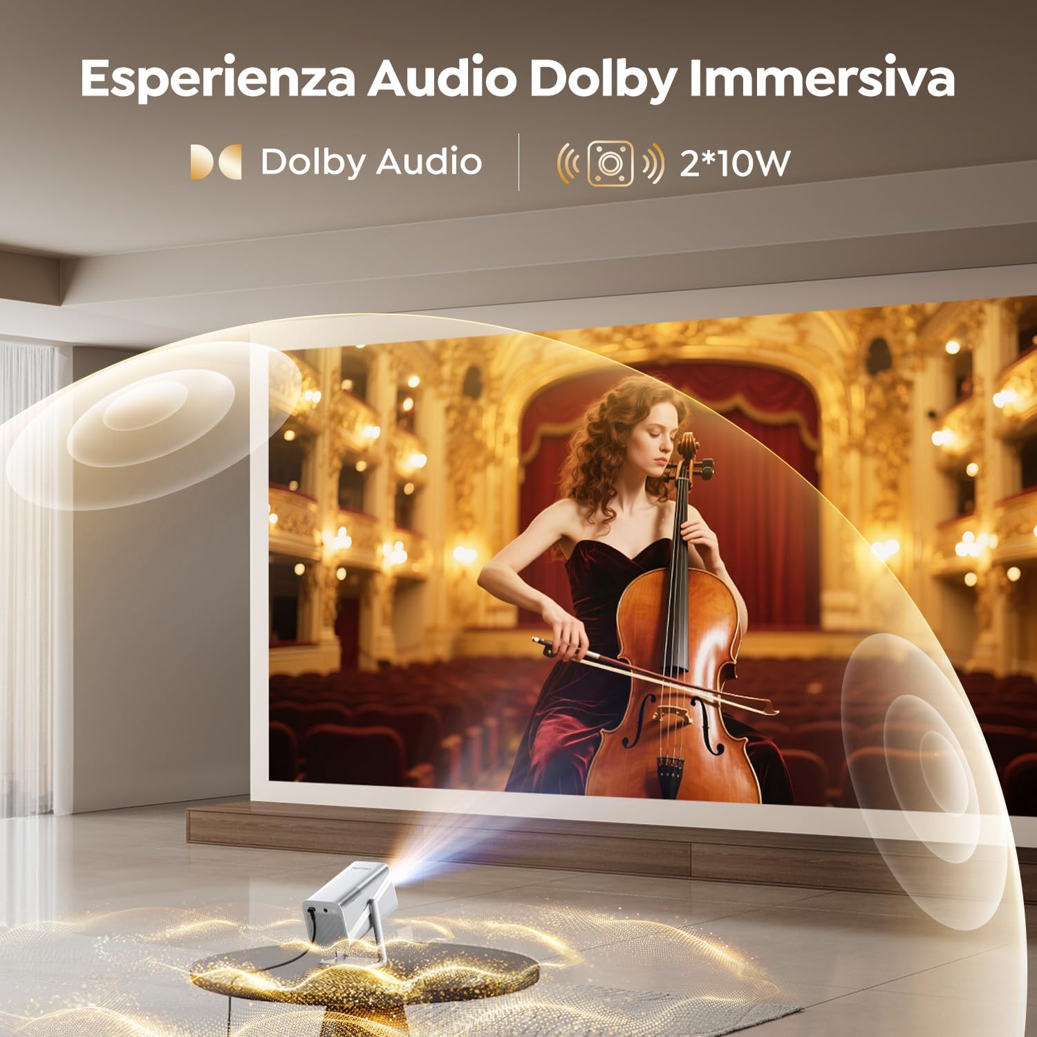 Proiettore 4K【Netflix Ufficiale & Dolby】Proiettore Portatile 700ANSI Messa Fuoco Auto Keystone con Bluetooth Bidirezionale Mini Proiettores Girevole 360° per Home Theater/Esterno/ARC/CEC