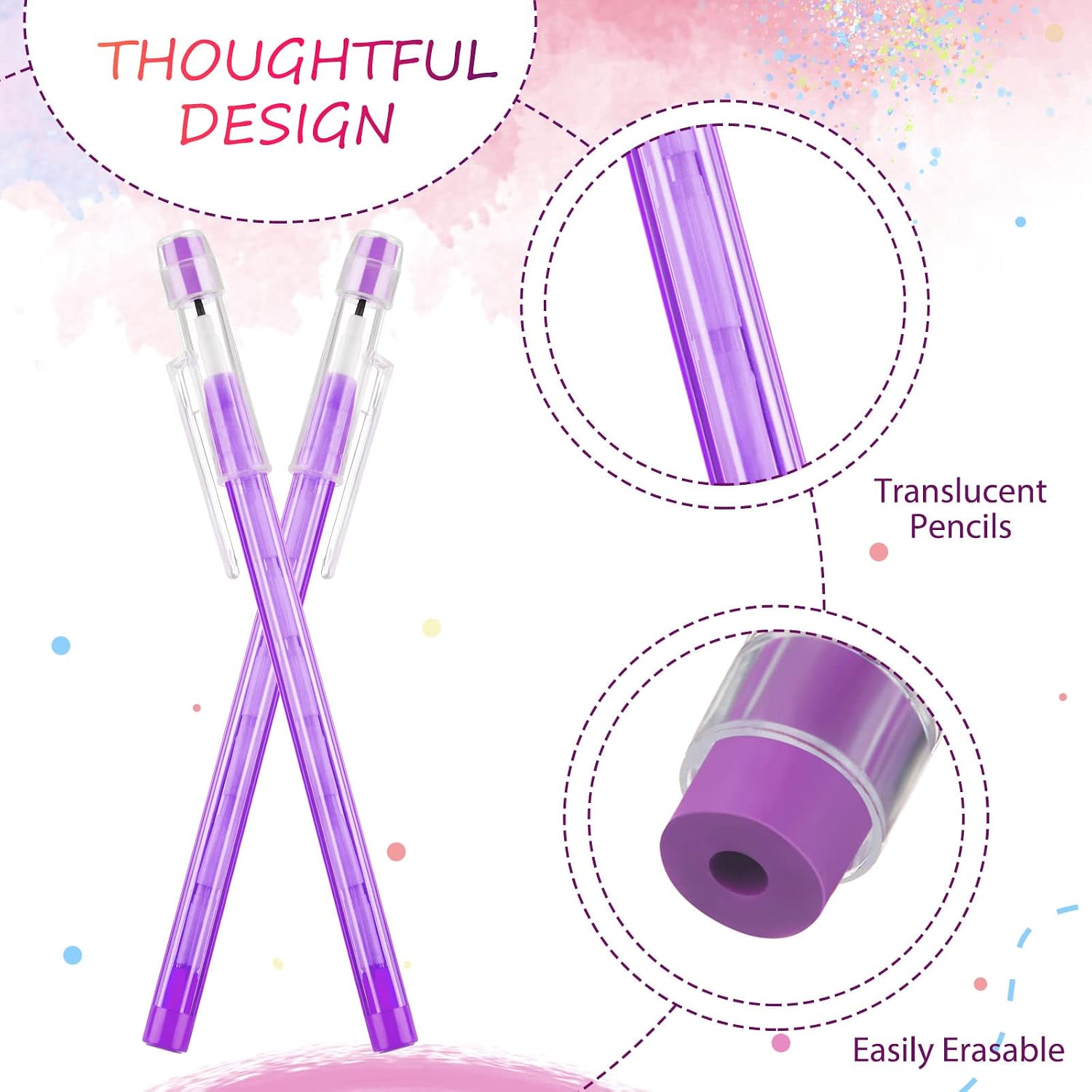 Crtiin Stackable Pencil for Kids, Multipoint Non Sharpening HB Translucent Stacking Pencils with Matching Erasers for Office Students Teachers, 7 Colors(100 Pack)