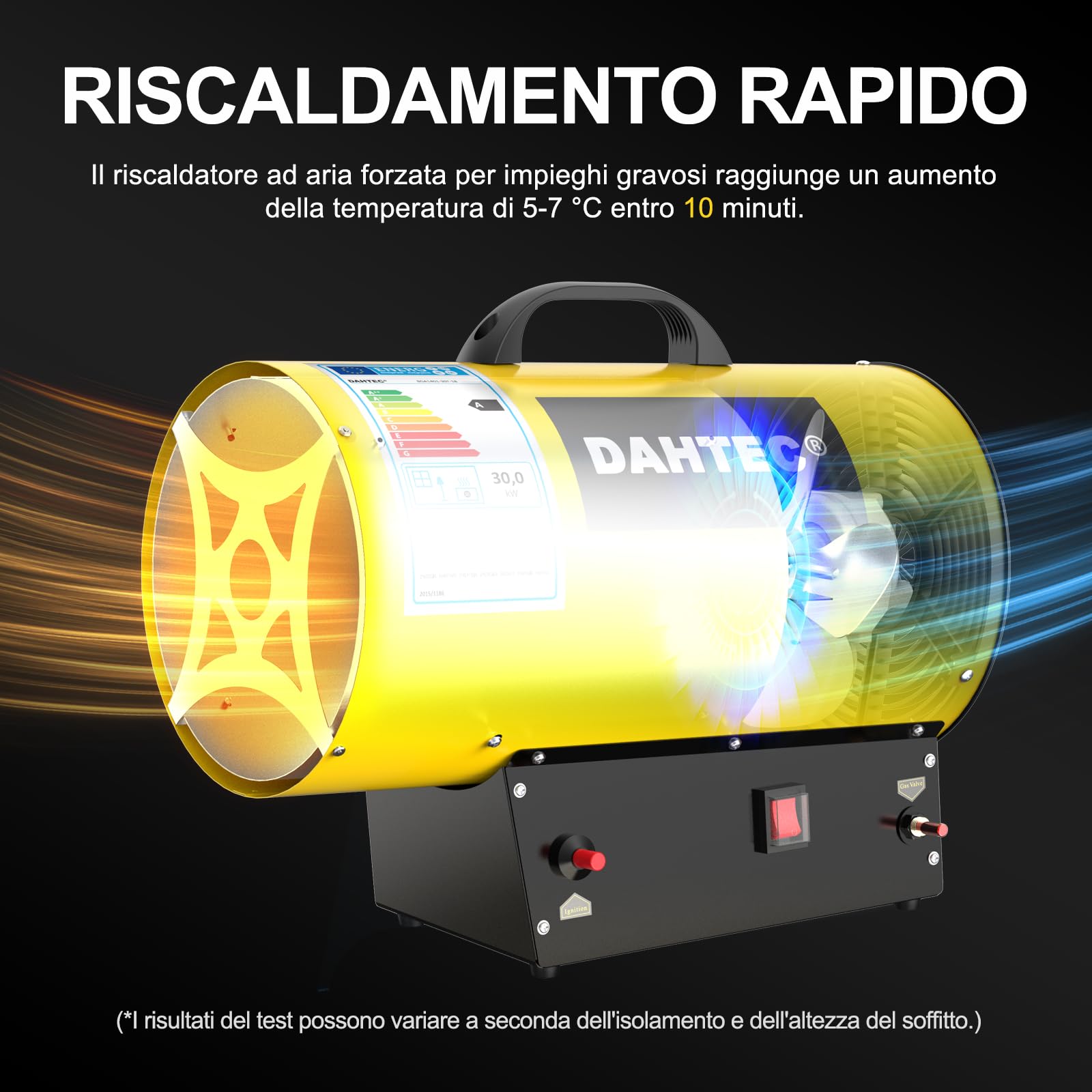 Riscaldatore Mobile a Gas 30 kW - Cannone Termico - Termoventilatore a Gas - Riscaldamento Radiante - Accensione Piezoelettrica - per Cantieri, Officina, Serra