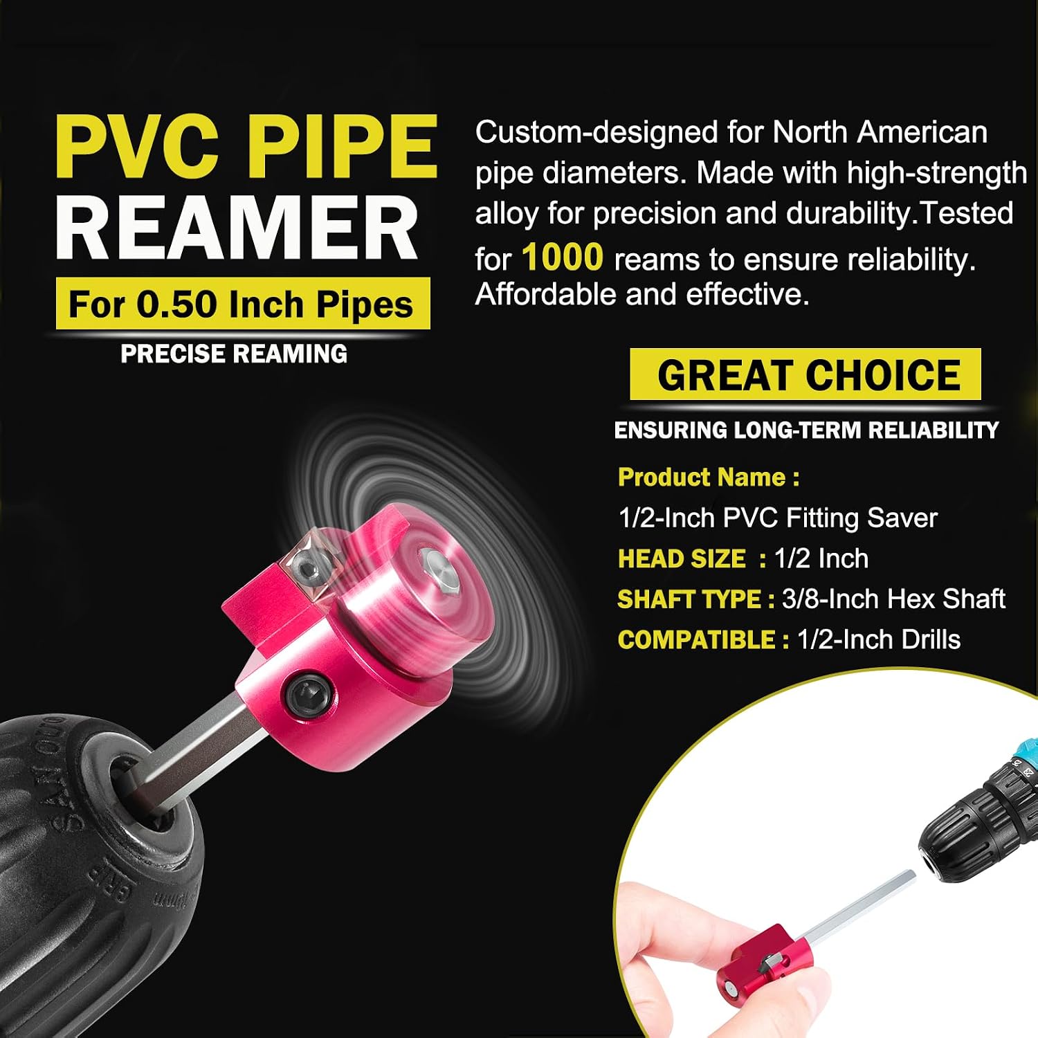 Premium 1/2'' PVC Pipe Reamer with 1/4-Inch Hex Shaft, Plastic Pipe Fitting Reamer for Sch. 40 PVC, CPVC, and ABS Fittings - Cleans Leftover Pipe & Solvent Cement Residue, Fits Standard 1/2" Drills