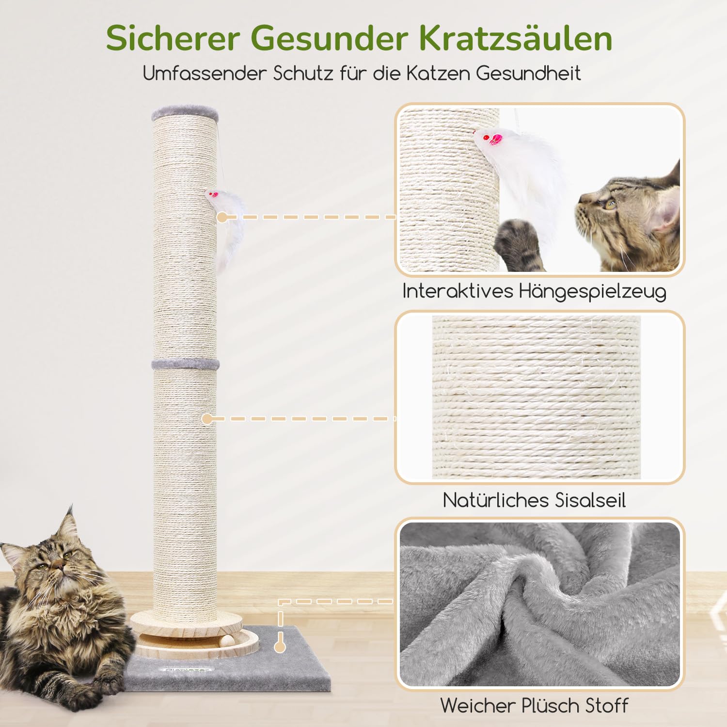 Globlazer Kratzstamm XXL, Kratzsäule Groß Stabil hoch 90 cm & 50 cm 2 IN 1 Einstellbar mit Große Basis Dicker Stamm Sisal Plüschball Holz Trackingball, Kratzsäulen für Große Katzen (SC35, Hellgrau)