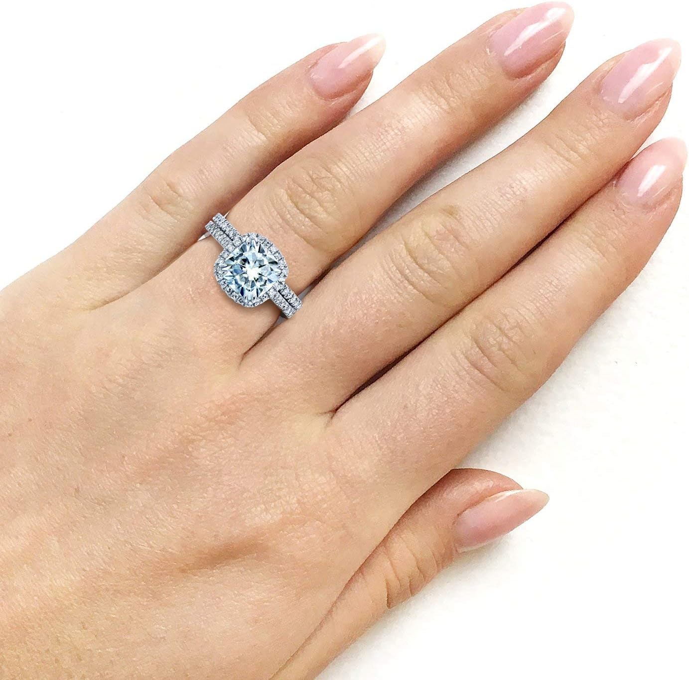 Kobelli Cushion Brilliant Moissanite Halo Bridal Wedding Rings Set 2 3/8 CTW 14k White Gold