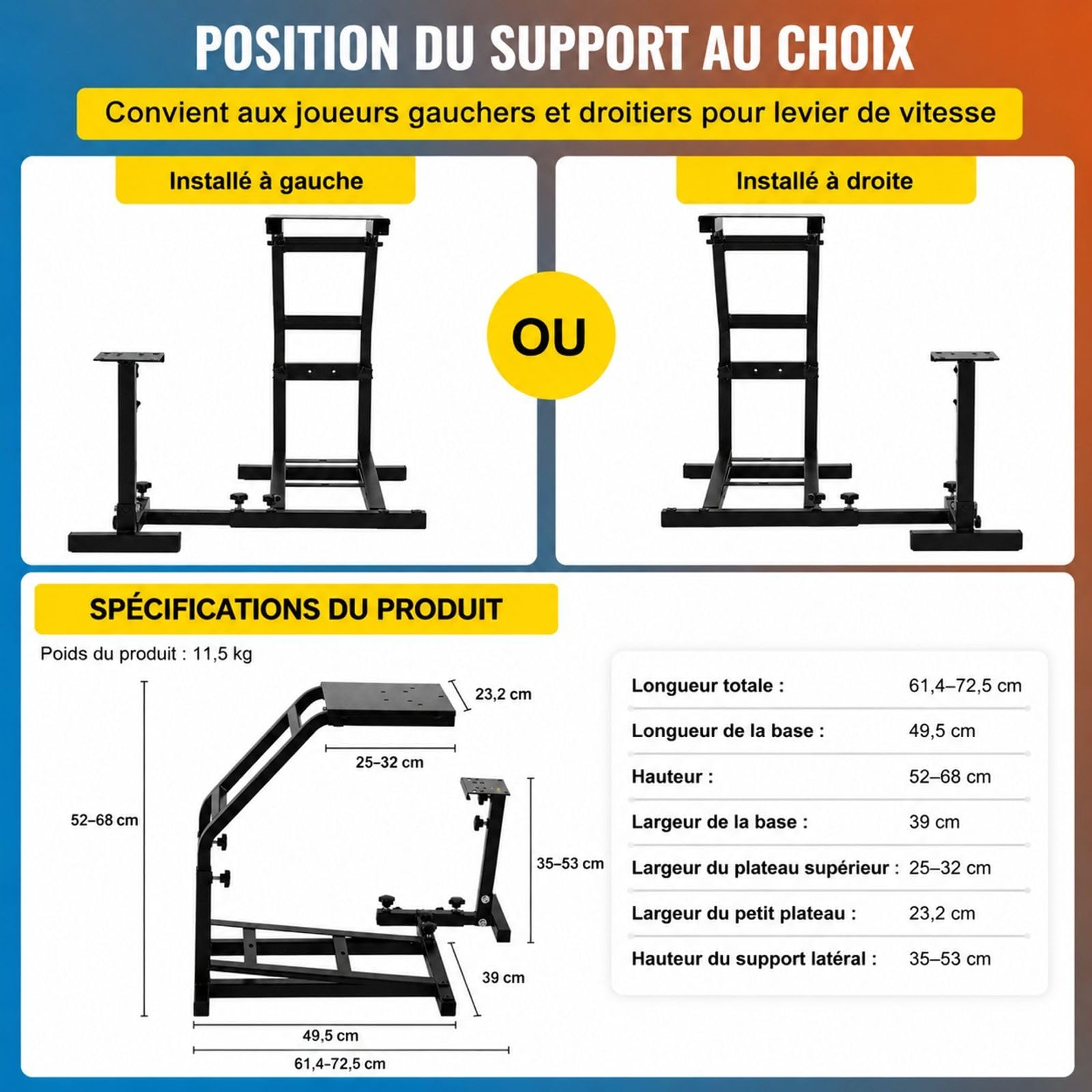 Support de volant de course noir réglable avec support pour pédales et levier de vitesse, pour installation de simulation à domicile