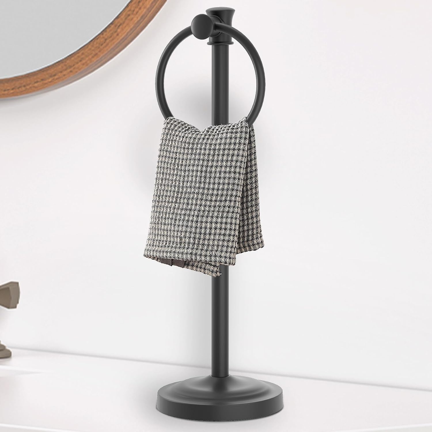Hoimpro 17 Inch Stand Hand Towel Holder Towel Bar Towel Hanging Ring, Free Standing Floor Hand Towel Rack Storage for Bathroom Kitchen Vanity Countertops, Hardware Accessories(Matte Black)