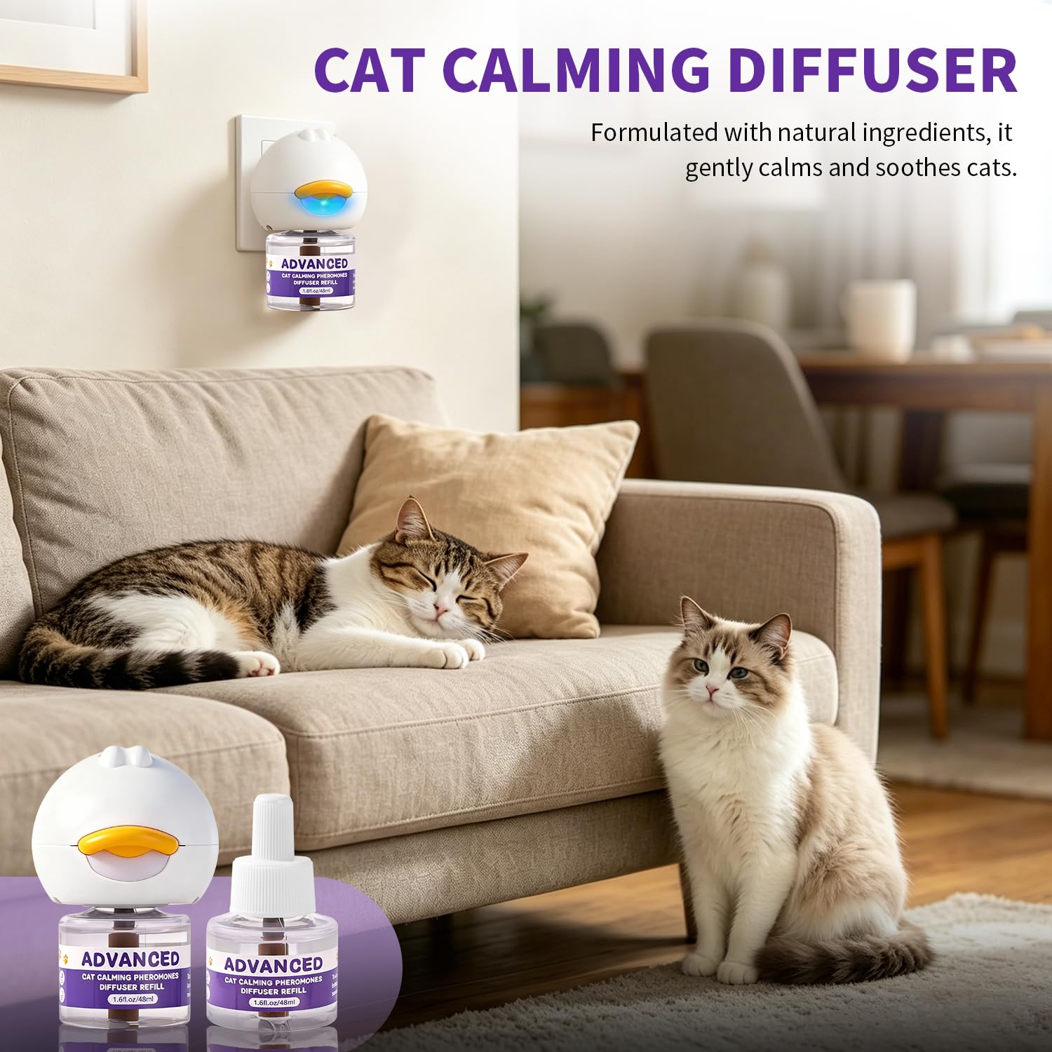 Kit diffuseur apaisant pour chat avec 2 diffuseurs et 4 recharges (48 ml chacun), diffuseur apaisant aux phéromones de chat pour soulager l'anxiété, réduire le stress et soutenir le comportement