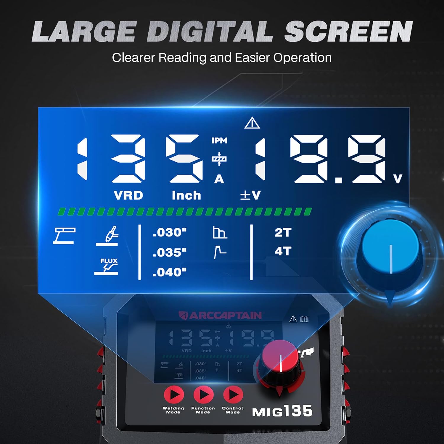 Close-up of the large LED digital display on the ARCCAPTAIN MIG135 welder, showing various welding parameters.