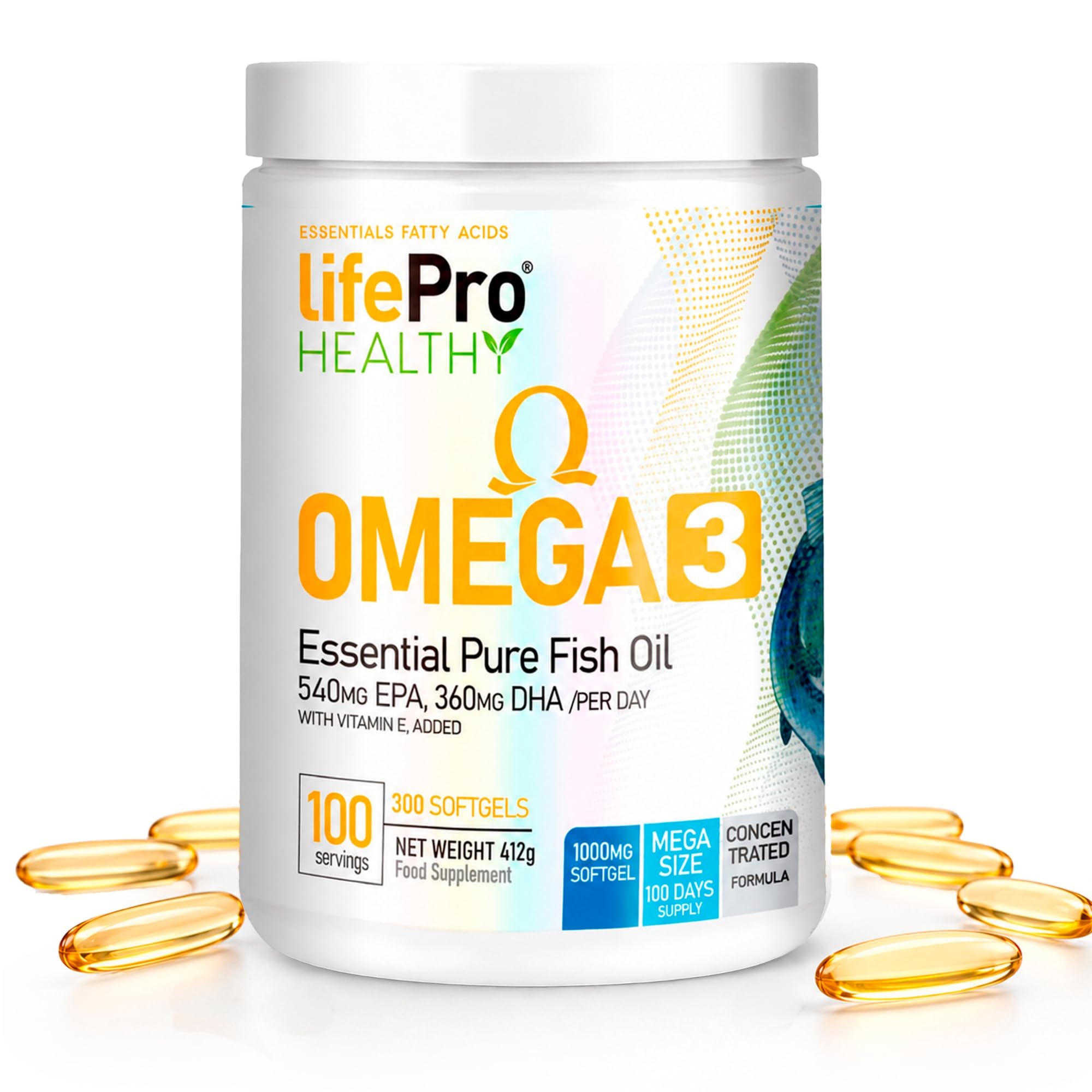 Life Pro Omega - 3000 mg, 300 capsule - Softgel di olio di pesce (EPA 540 mg + DHA 360 mg) per il benessere generale, scorta per 3-4 mesi - Senza glutine