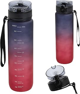Cepewa Botella deportiva de 1000 ml, de polietileno, 7,5 x 28 cm, color lila y rosa, gradiente de color, con correa de mano, colador sin BPA (lila/rosa, 1000 ml)