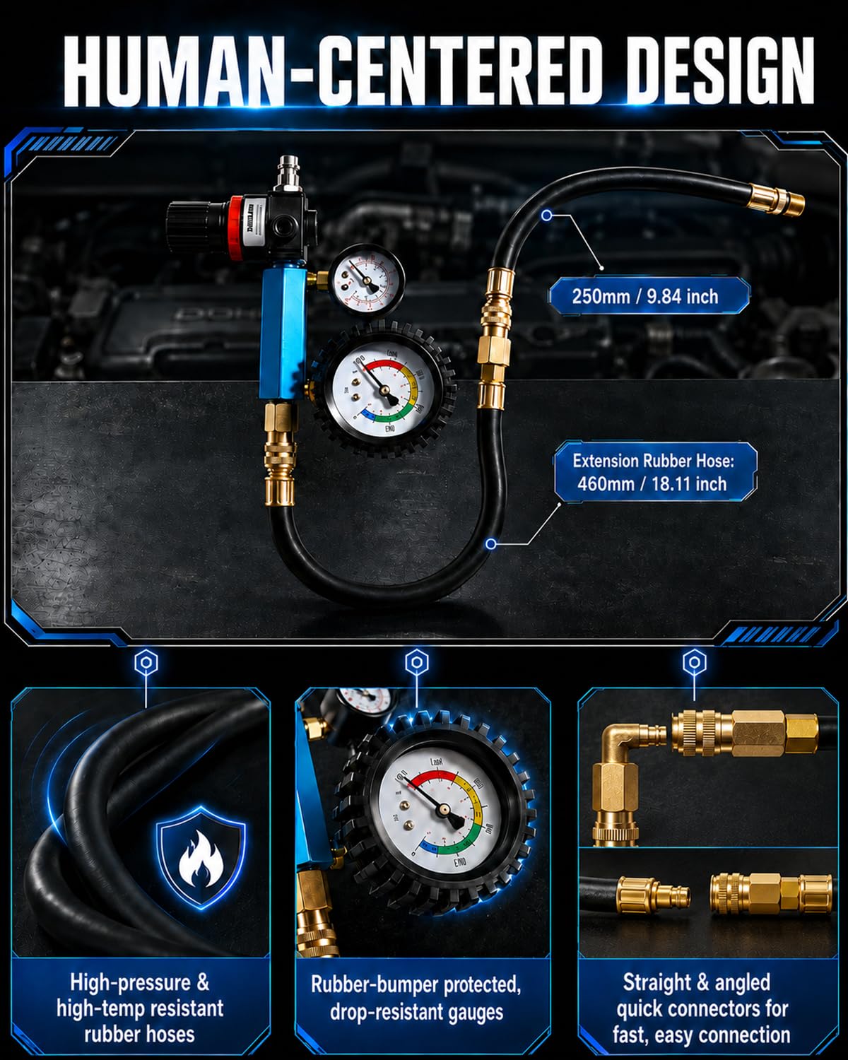 INCENDIOS 47 PCS Kit de Comprobador de Compresión y Detector de Fugas | para Motores Diésel y Gasolina, Medidor de Compresión 0-700 PSI / 0-50 Bar, Tester de Compresión para HDi, TDCi y Pumpe-Düse