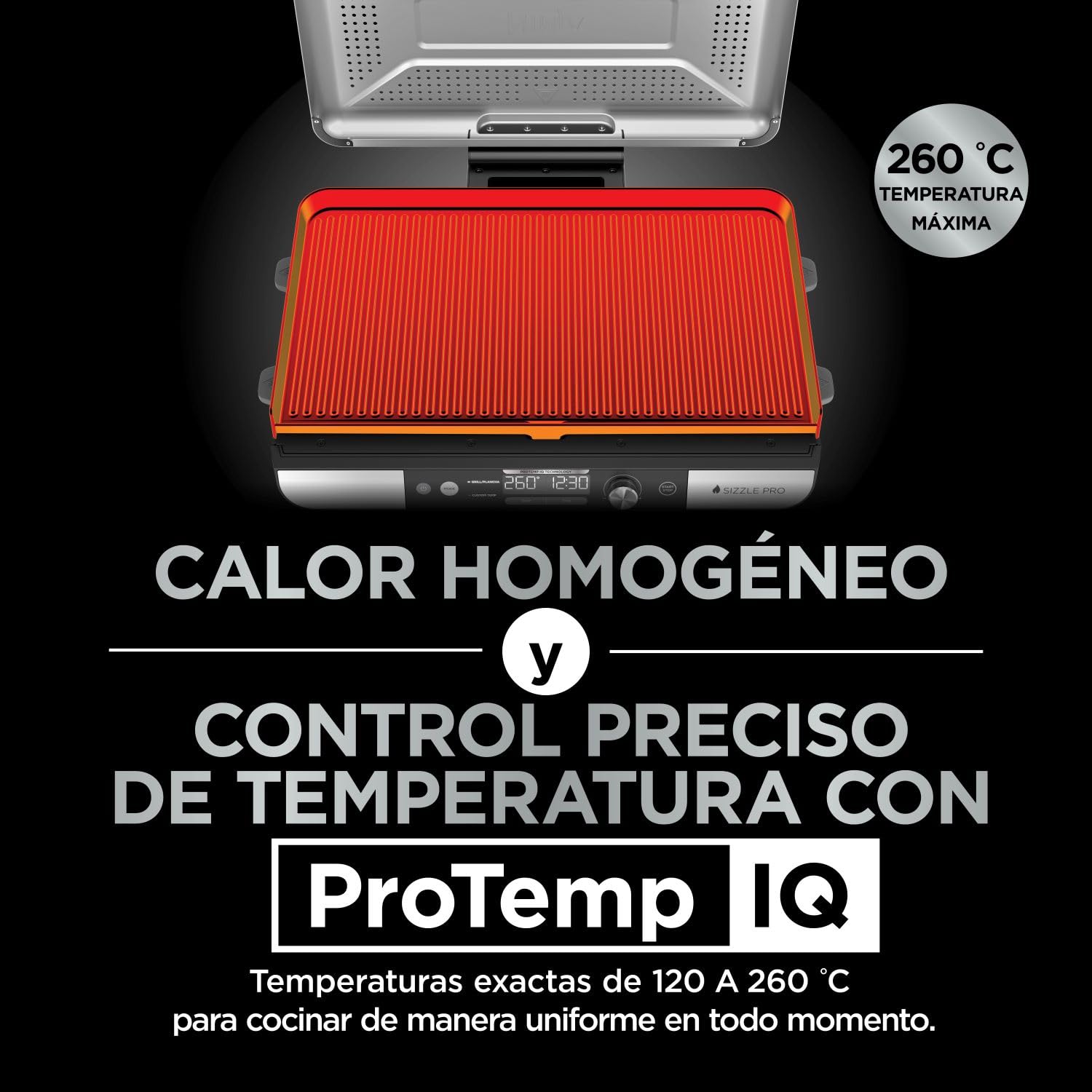 Ninja Sizzle Pro XL, Parrilla y Plancha para Interior, GX101EU | Con Placa de Parrilla y Plancha Cerámicas Antiadherentes, Tapa Desmontable, Recogegrasas y Guía de Recetas, Plateado/negro