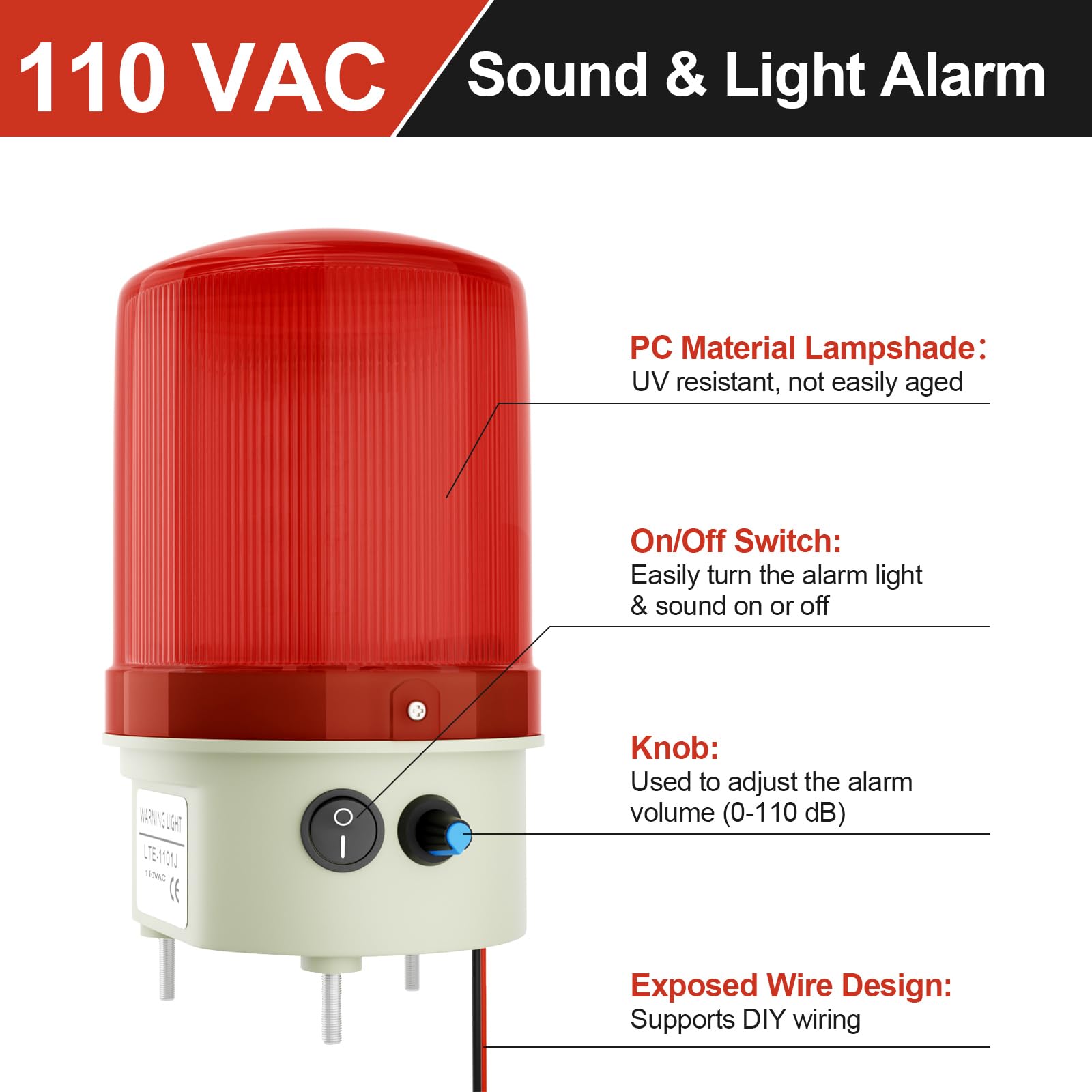Luz LED de advertencia estroboscópica giratoria industrial, alarma de sonido y luz de 110 V CA con perilla e interruptor, volumen ajustable de 105-110 dB, luz roja de alarma de emergencia para uso en