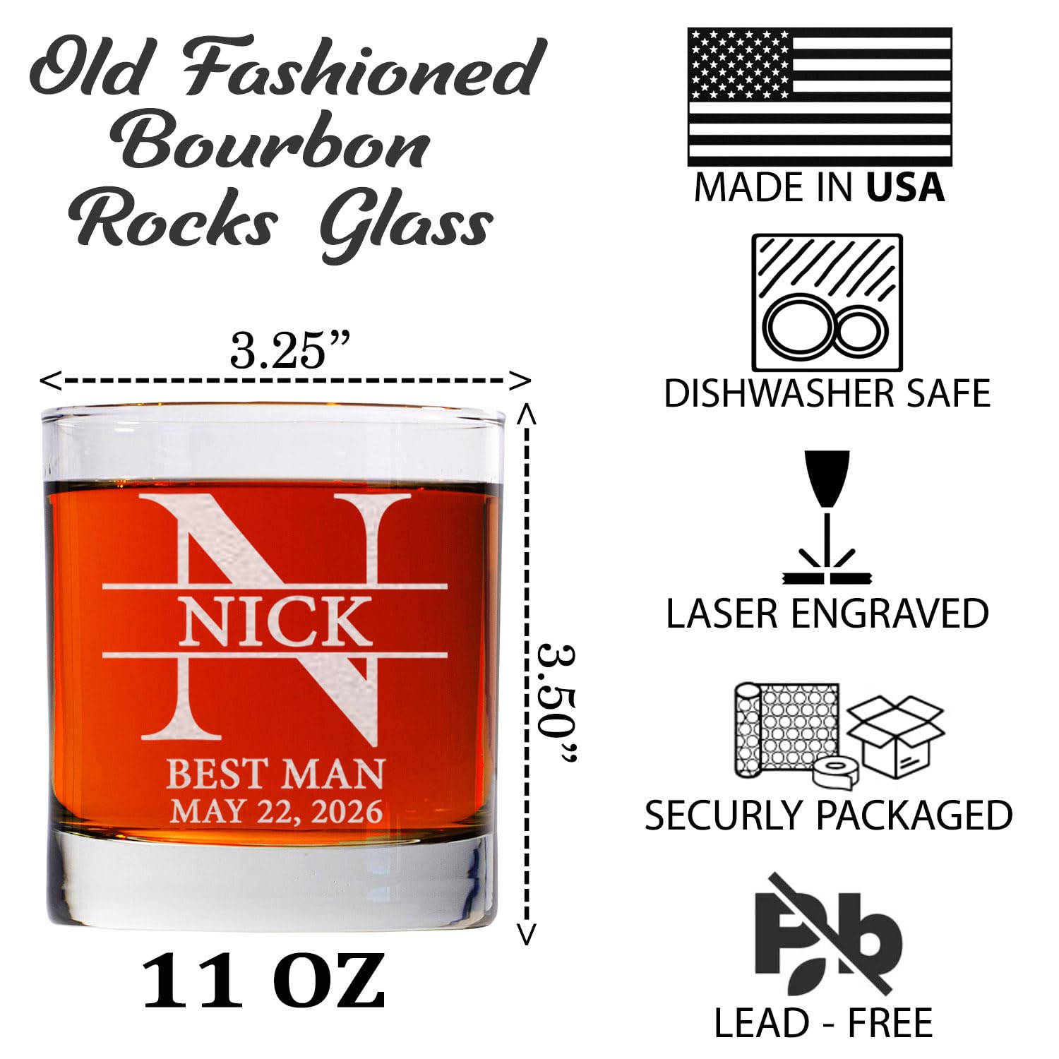 Set Of 6, Personalized Whiskey Glass For Groomsman Gifts, Best Man, Groom, 11oz Old Fashioned Custom Monogrammed Whiskey Glass