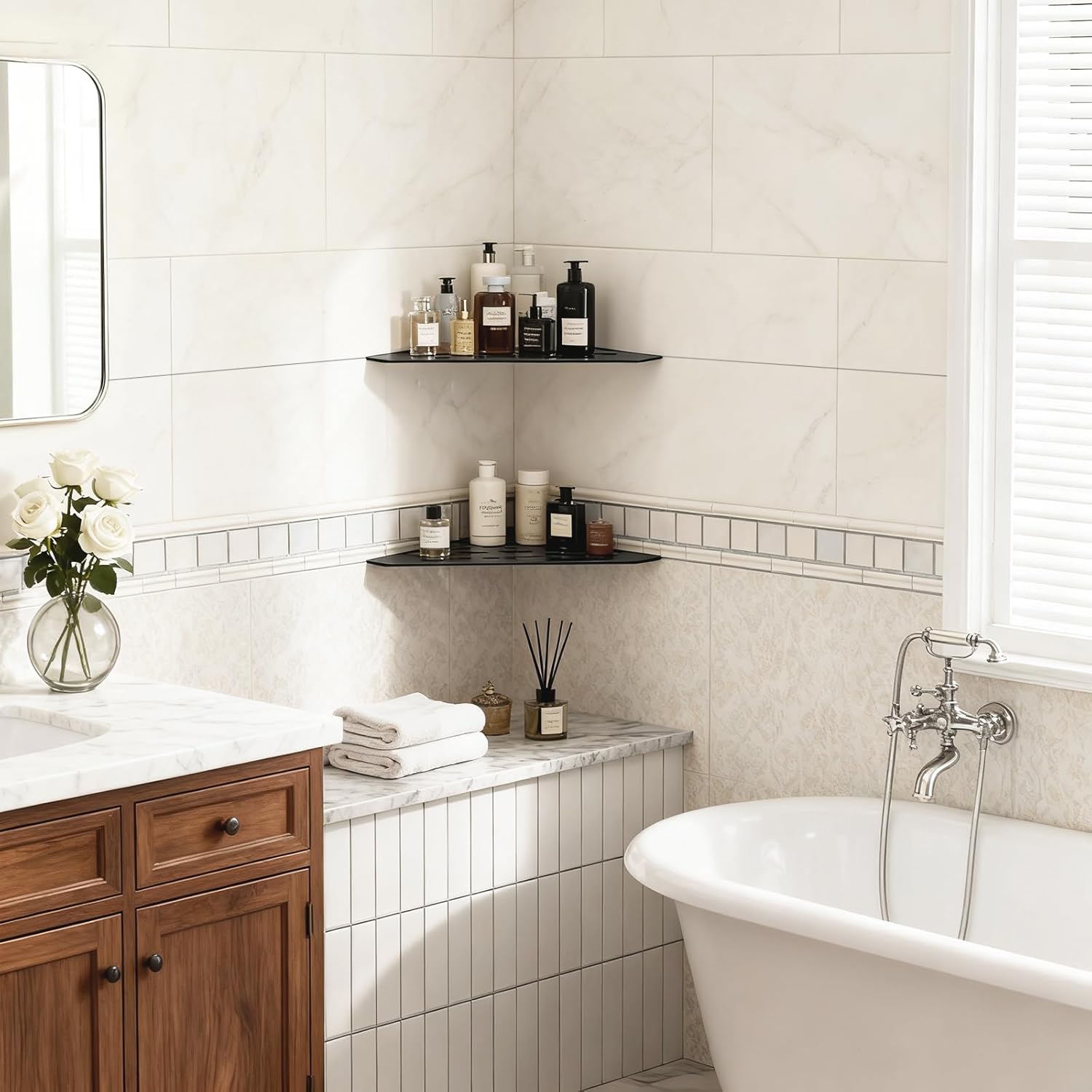 BWE 10" Corner Shower Shelves, 304 Stainless Steel Floating Corner Sheves for Wall, Heavy Duty Recessed Bathroom Shower Shelves Slot Design for Tiled Wall, No Drilling Needed 2 Pack Matte Black