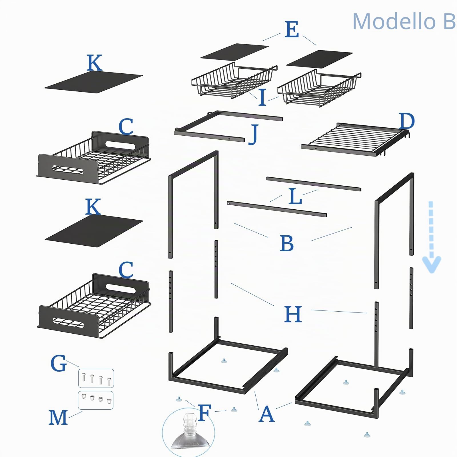YunNasi Organizer Sottolavello Cucina, Salvaspazio 2 Livelli Cestelli in Acciaio, Cassetto Scaffale Organizzatore Regolabili in Altezza per Cucina Bagno (Nero, B-Stile)
