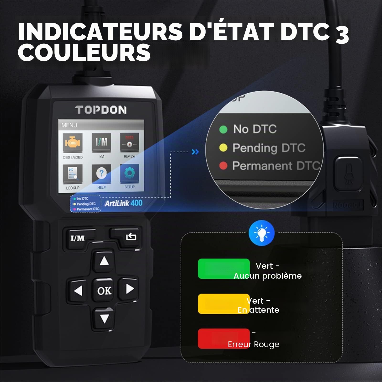 TOPDON AL400 Lecteur de Codes OBD2, 10 Fonctions OBD2, Vérification du Voyant Moteur/Test d'émissions polluantes/Test du capteur O2 / EVAP, Mise à Jour Gratuite à Vie